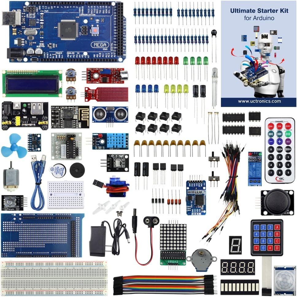 UCTRONICS Ultimate Starter Kit for Arduino with Instruction Booklet, MEGA 2560 R3, ESP8266 Module, 1602 LCD, NE555 Timer, RTC Module, DHT11 Temp & Humi Sensor, Water Lever Sensor, Sound Sensor Module