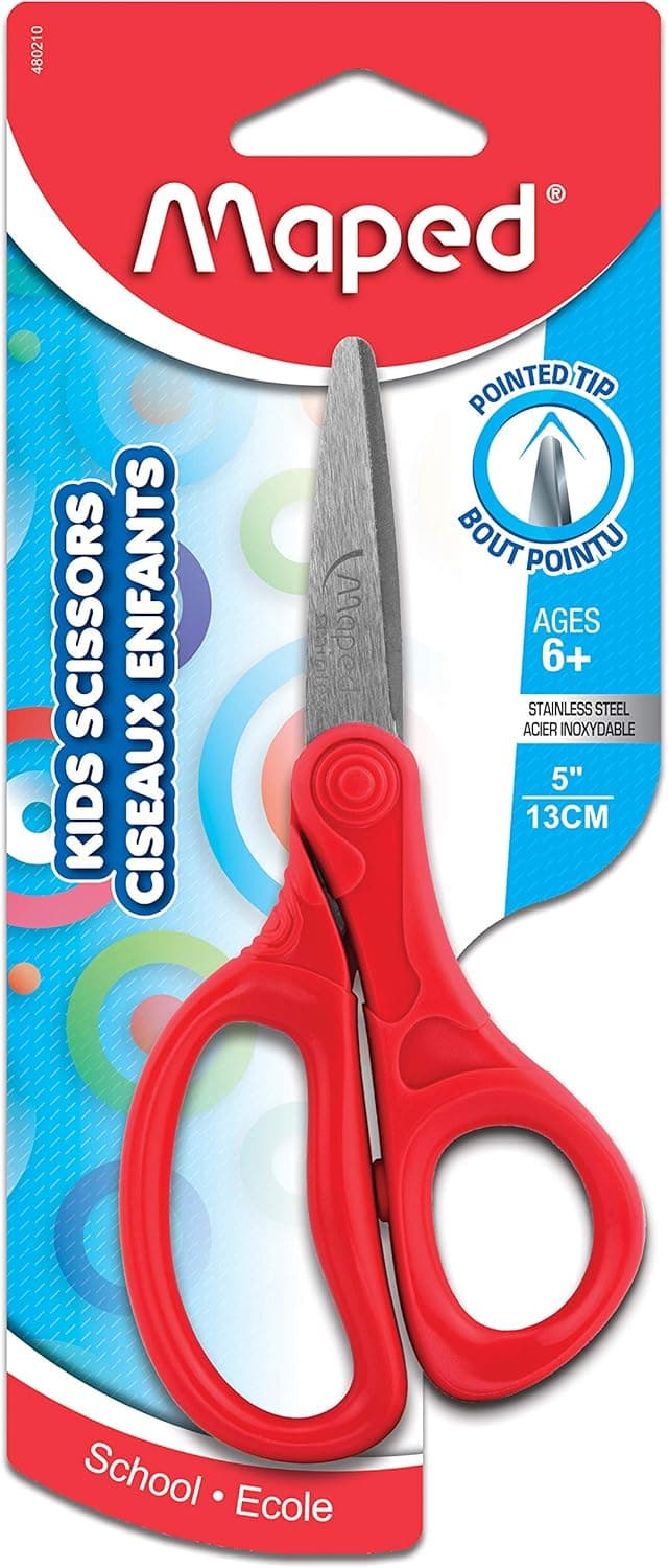 Maped Essential Scissors, Kids, 5 Inch, Pointed Tip, Right & Left Handed, Assorted Colors (480210)
