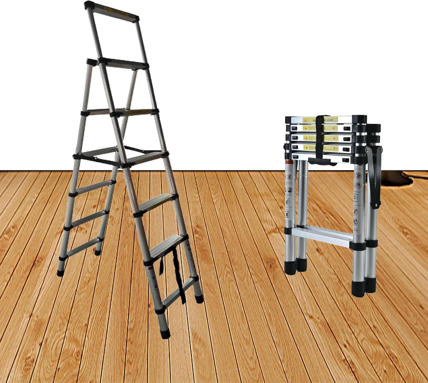 AnSi Household Ladder Telescopic Aluminum Extension 16 StepsLadder with Slip-Proof Feet 330lbs Max Capacity, EN131 Standard (6+7 Steps)