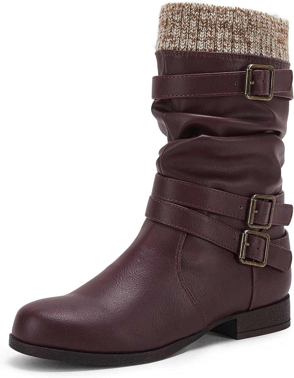 Womens Slouchy Mid Calf Boots Buckle Strap Low Chunky Heel Round Toe Faux Leather Winter Riding Booties