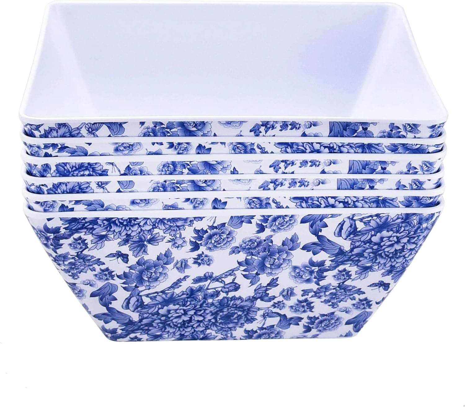 ARC, Melamine Mixing and Serving Bowls, 9" Square Bowls for 6, Blue and White unbreakable Bowl Set. Great for Chip, Cereal, Soup, Fruit, Pho & Menudo