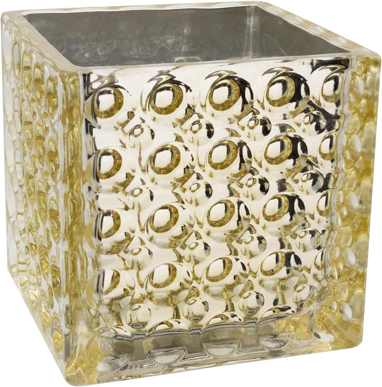 Royal Imports Flower Glass Vase Decorative Centerpiece for Home or Wedding Elegant Dimple Effect Cube, 5" Tall, 5"x5" Opening, Champagne Gold