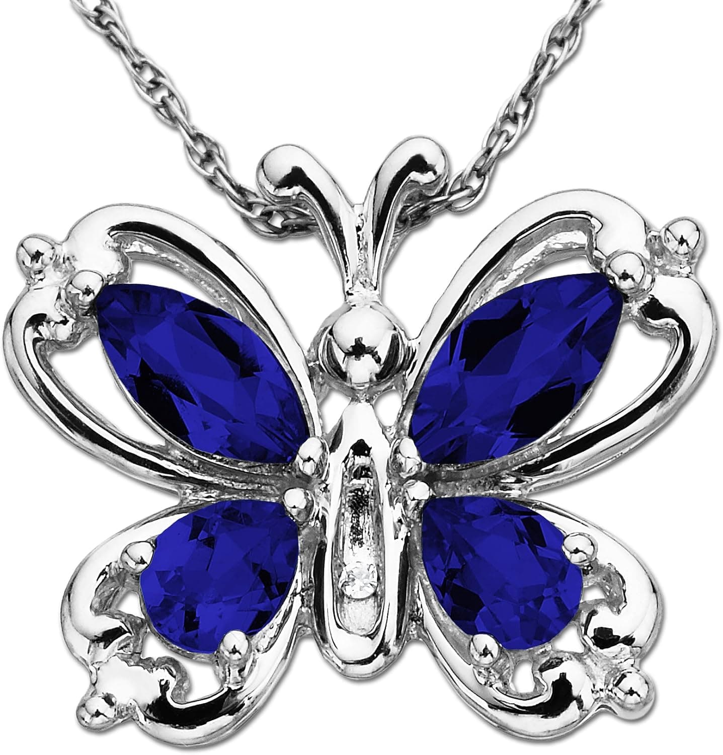 Amazon Collection 10k White Gold Created Sapphire and Diamond Butterfly Pendant Necklace ( 0.003 cttw, I-J Color, I2-I3 Clarity), 18"
