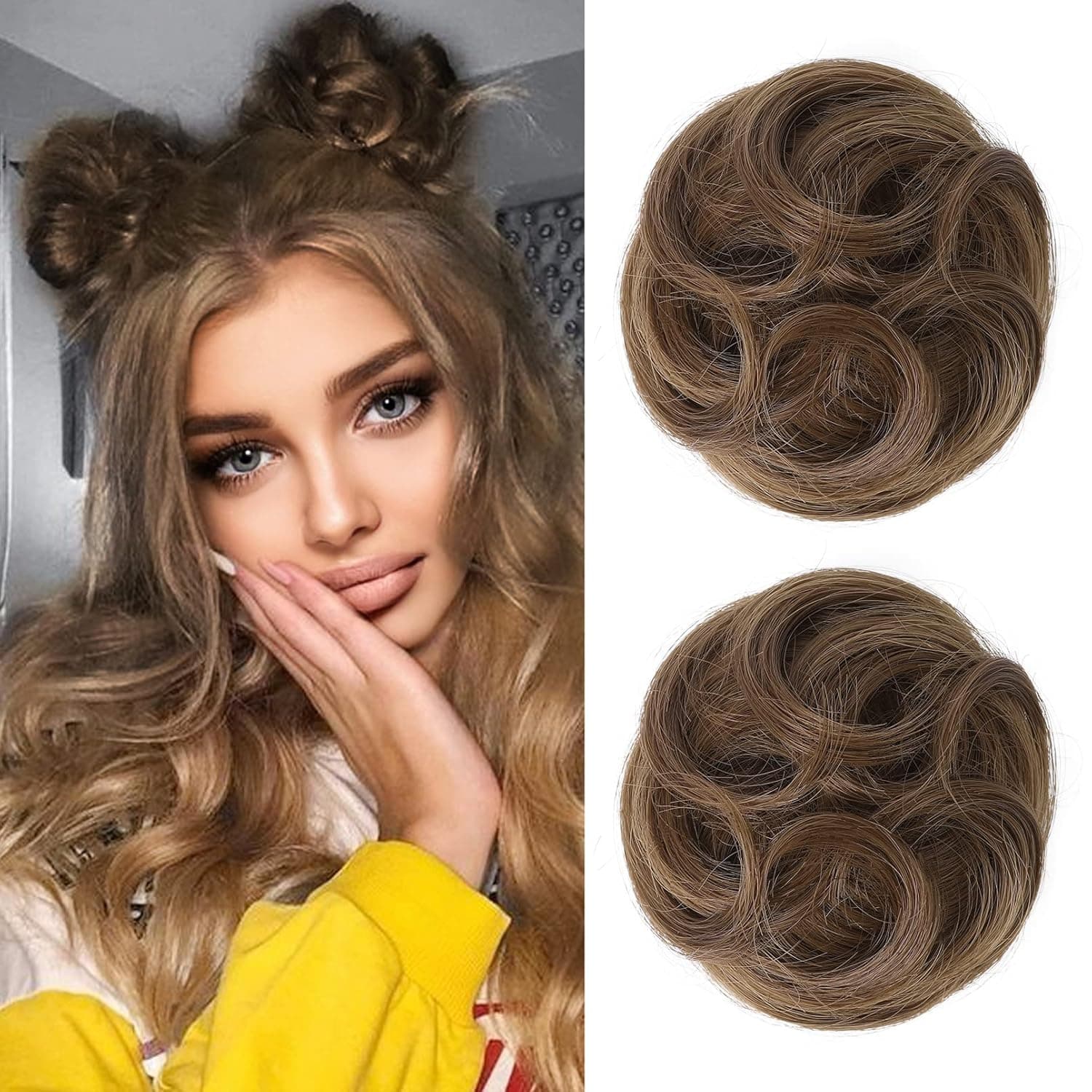 REECHO 2 PCS Mini Claw Clip in Messy & Cat Ears Hair Bun Extensions Wig Accessory Updo Hairpieces for Women Girls (Pack of 2-3.5" Wavy, Light Chocolate Brown)