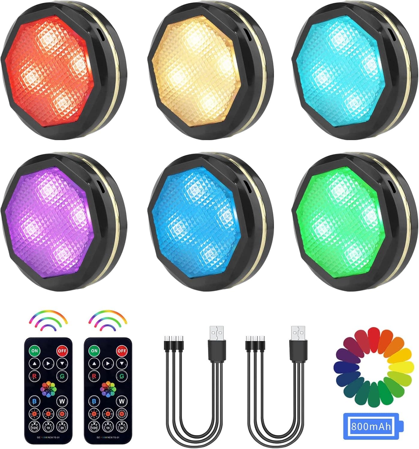 MFOX Under Cabinet Lights Wireless, Puck Lights with Remote Control, LED Color Changing Closet Lights USB Rechargeable, Dimmable LED Ceiling Lights for Bedroom