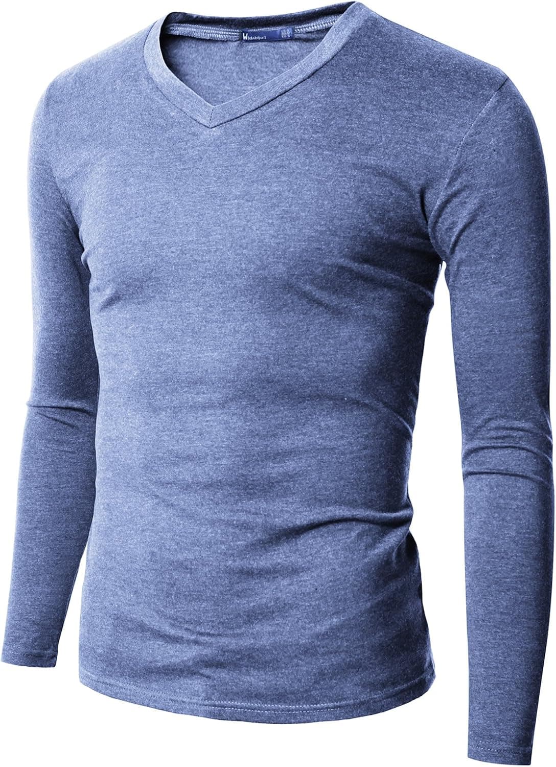 Doublju Mens V-Neck T-shirts with Long Sleeve SKY (US-S)