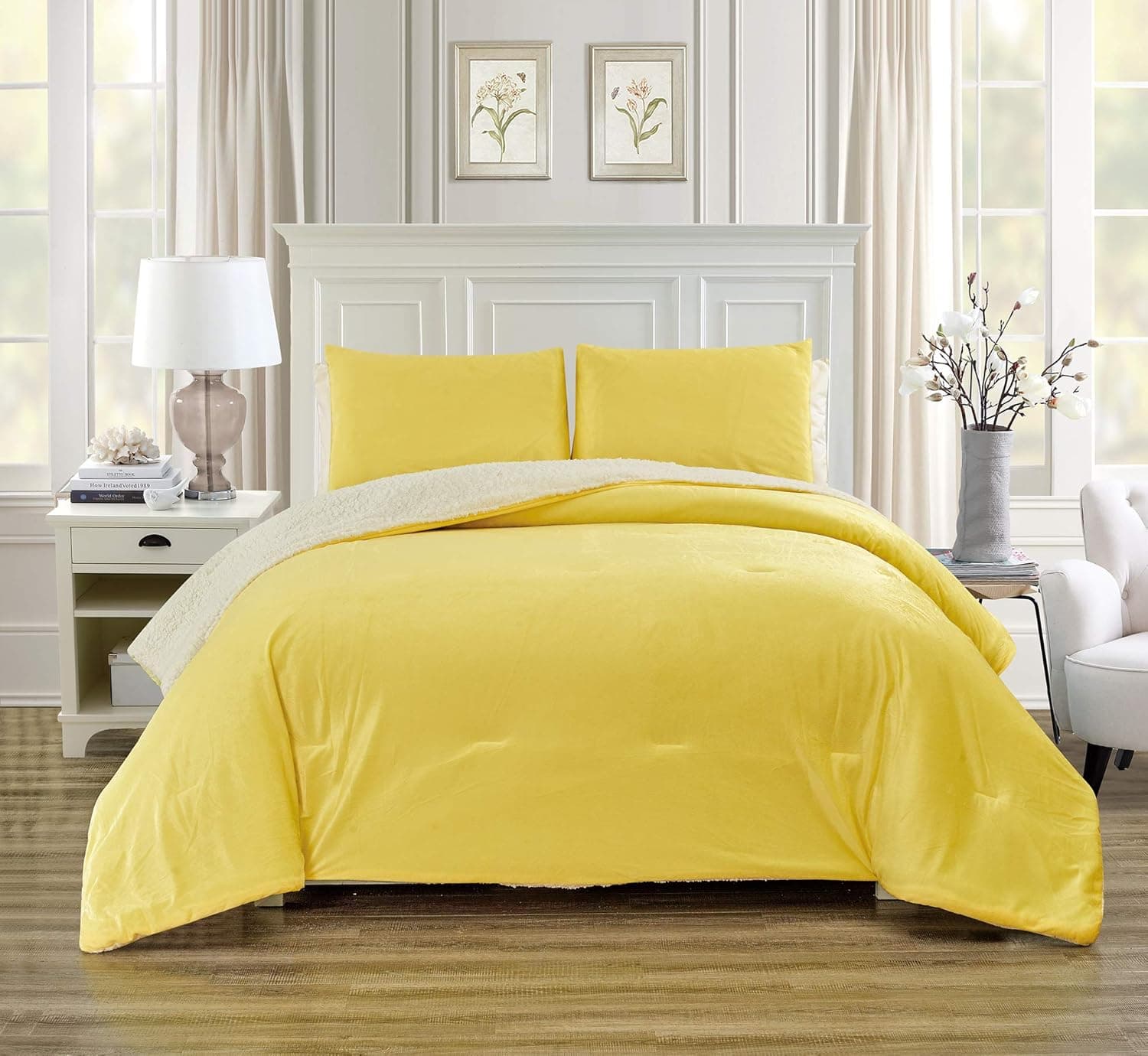 GrandLinen 3 Piece (California) Cal King Size Solid Sunshine Yellow Micromink Velvet Comforter Set with Ultra Soft Sherpa Borrego Backing. Warm Heavy Weight Bedding