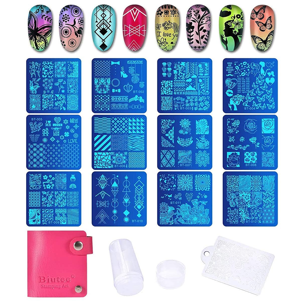 SEISSO 12 Pcs Nail Stamping Plate Kit Multiple Style Manicure Template Set Nail Printing Art Overprinting Design Stamp Kit with 1 Nail Stamper