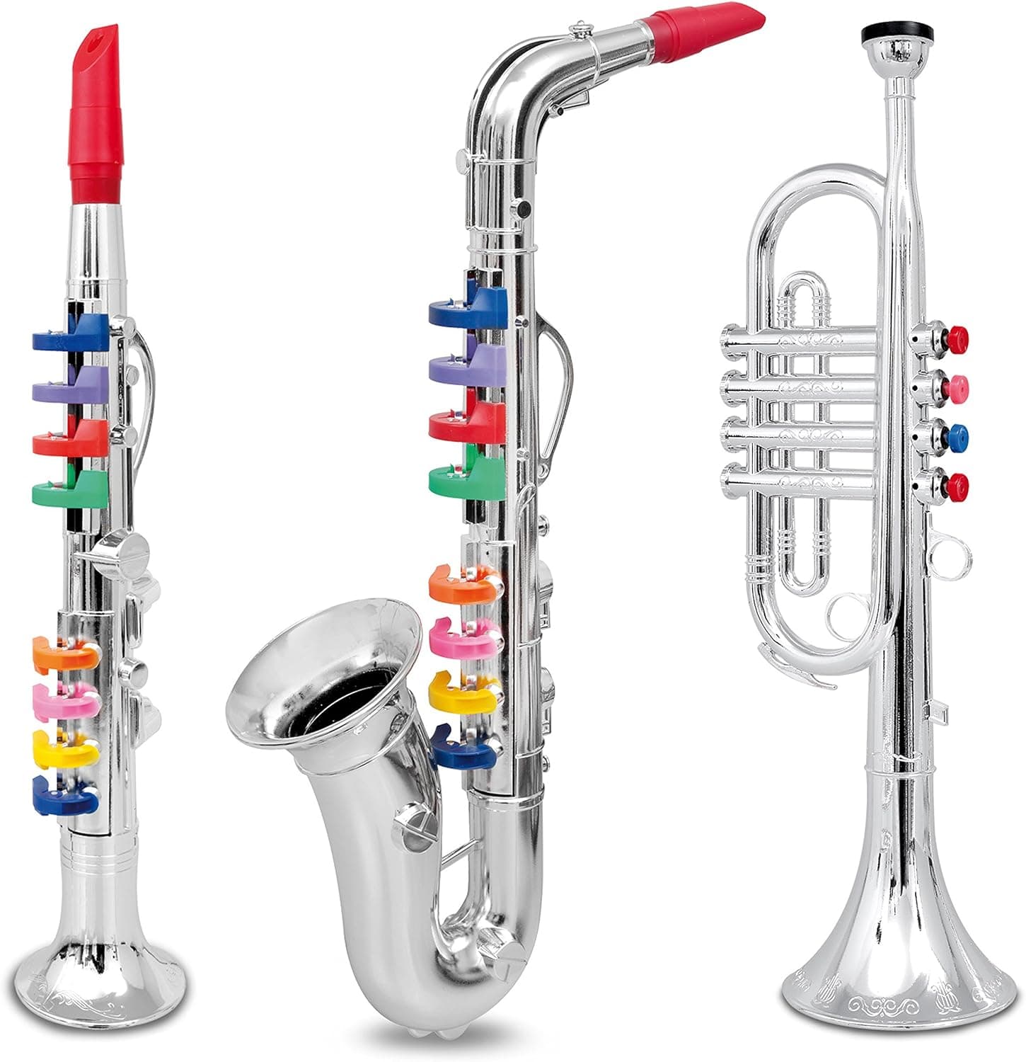 IQ Toys Set of 3 Musical Instrument for Kids Silver Clarinet, Saxophone and Trumpet Horn Combo with Colored Keys