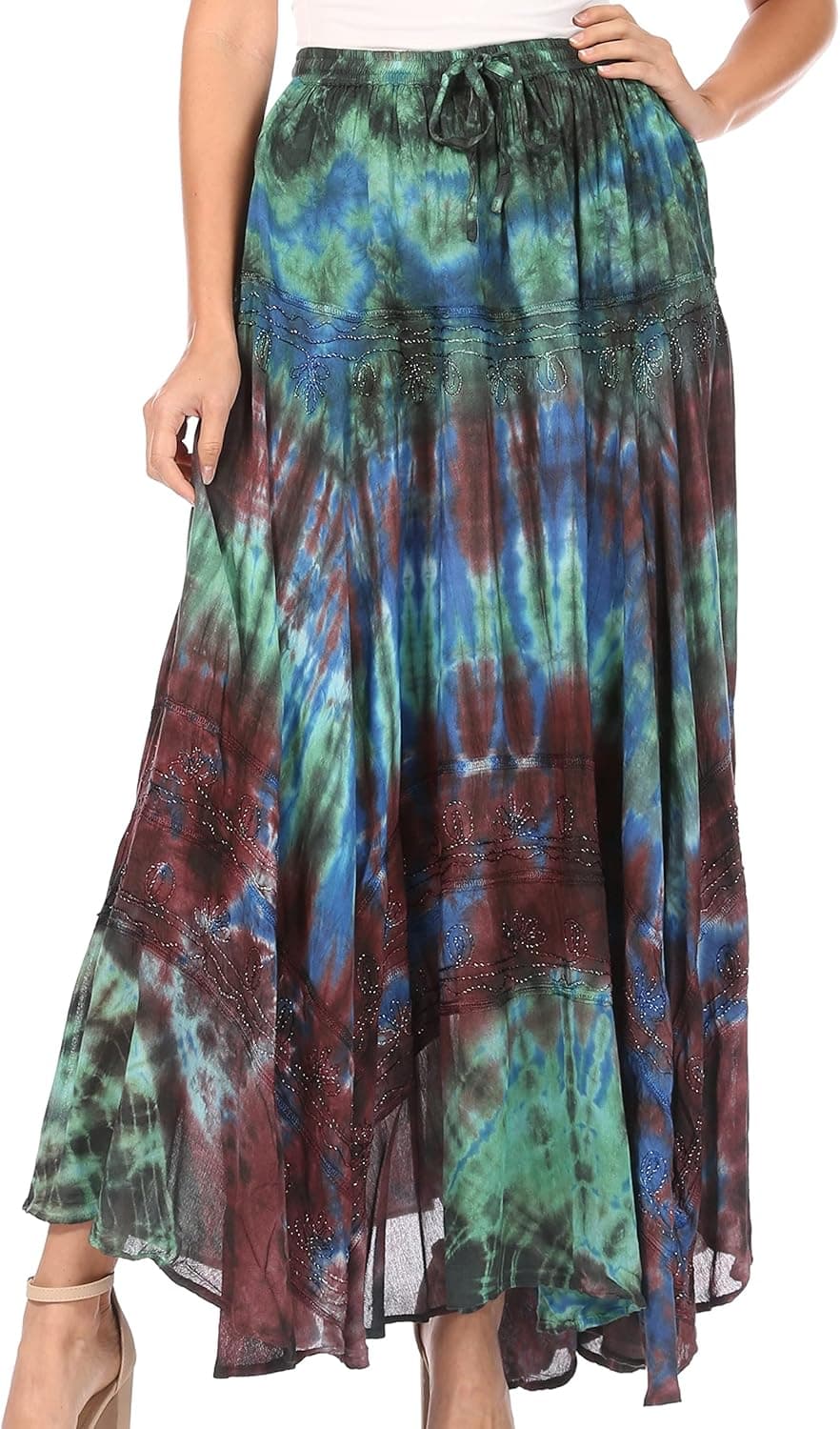 Sakkas Ester Womens Simple Boho Maxi Full Circle Tie-dye Skirt with Elastic Waist