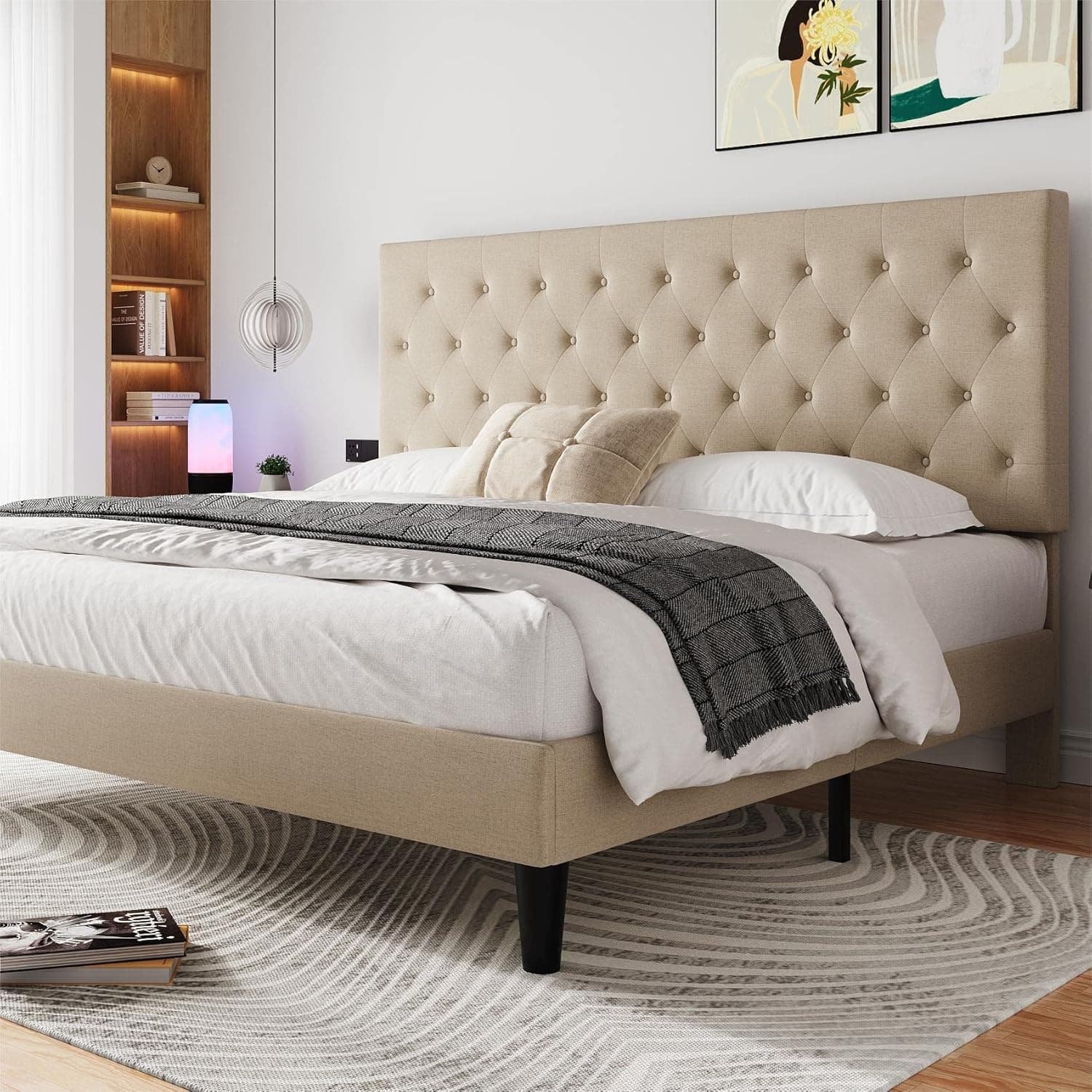HOOMIC Queen Platform Bed Frame with Adjustable Diamond Tufted Headboard / Fabric Upholstered Bed Frame / Mattress Foundation / Wooden Slats / No Box Spring Needed / Easy Assembly, Beige