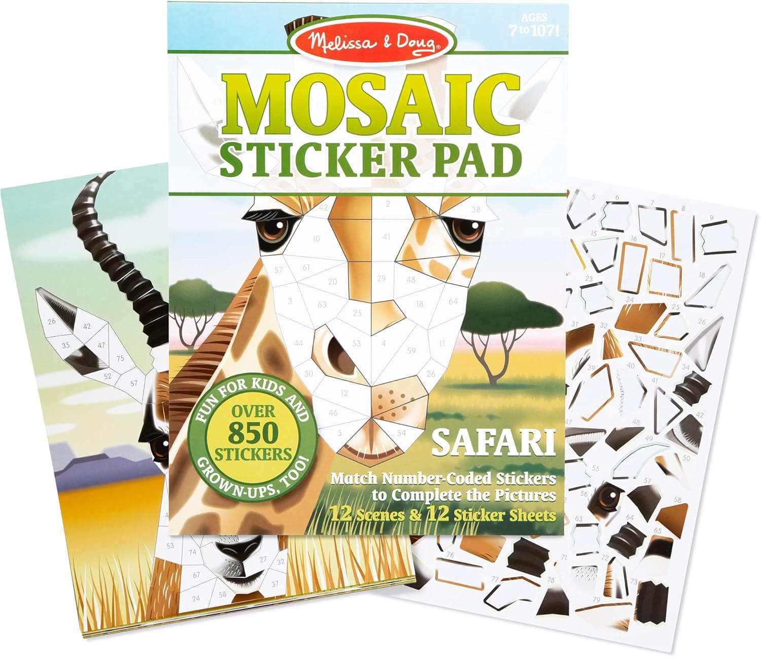 Melissa & Doug Mosaic Sticker Pad Safari Animals (12 Color Scenes to Complete with 850+ Stickers)