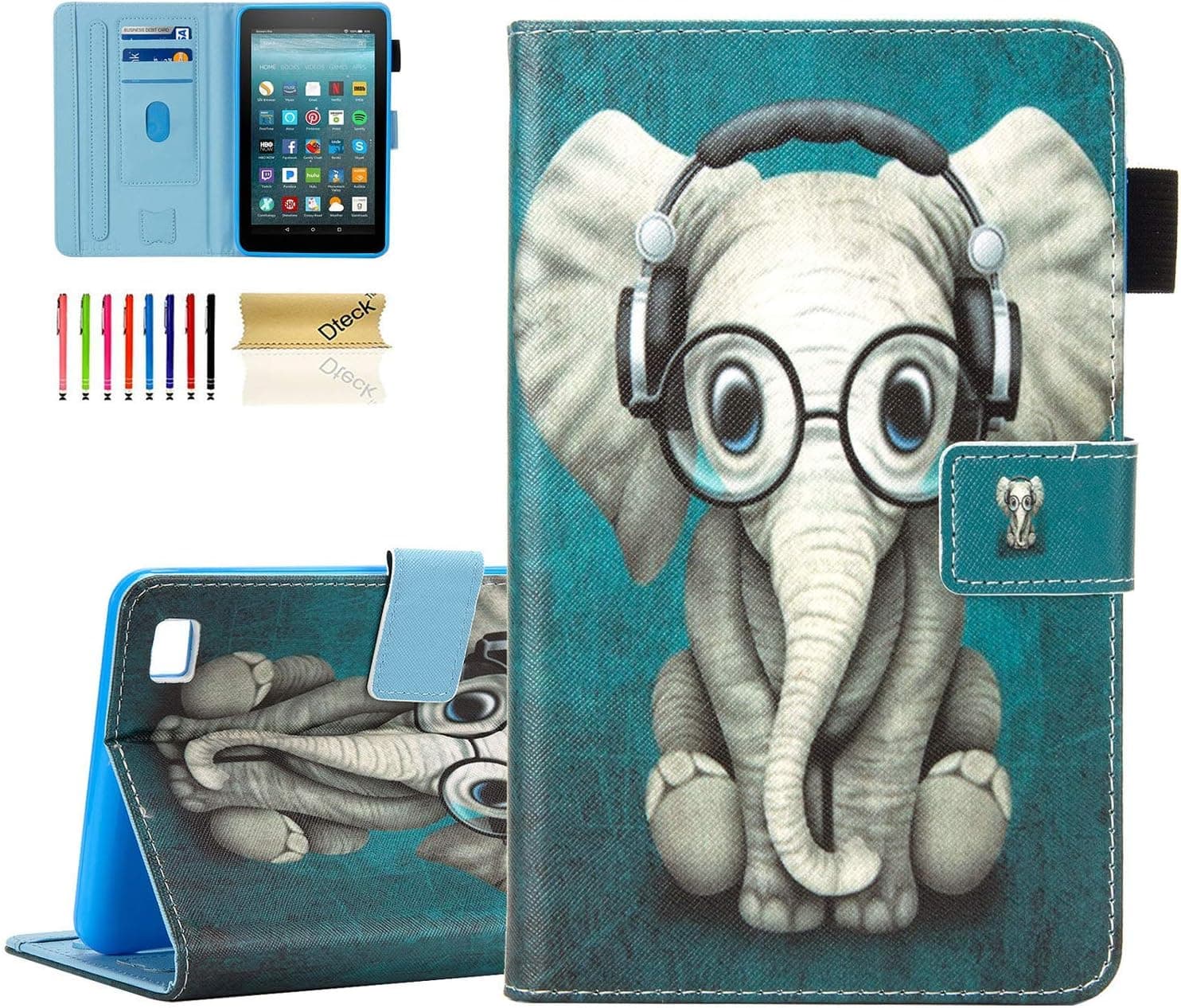 Dteck Case for (7") Kindle Fire 7 Tablet (9th/7th/5th Generation, 2019/2017/2015 Release) - Fold Stand Magnetic Flip Case with [Auto Wake Sleep] Protective Leather Cute Cover (Music Elephant)