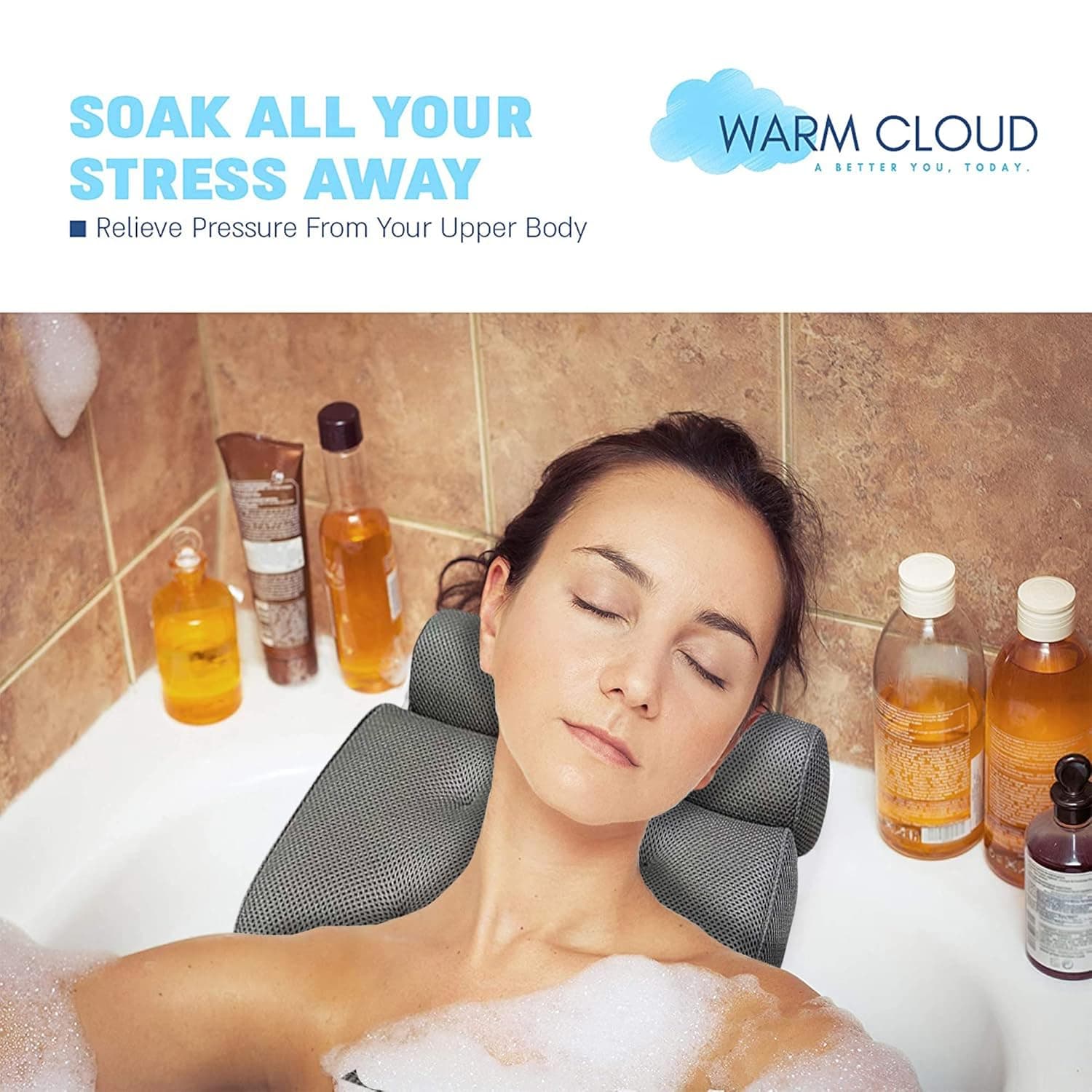 Waterproof Bath Pillow - Bathtub/Foam Headrest - 7 Strong Grip Suction Cups - Non-Slip, Soft Comfort w/Back, Neck and Shoulder Support - 15x11 Inches