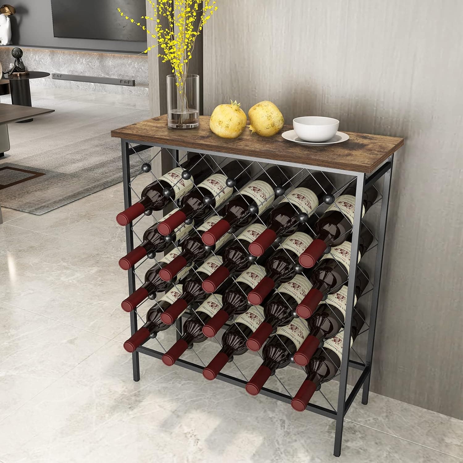Giikin Wine Rack Freestanding Floor with Table Top Wood - Holds 40 Bottles Metal Wine Storage Holder Stand with Wooden Table Floor Wine Rack Display Shelf for Kitchen Bar Dining Room Cellar Pantry