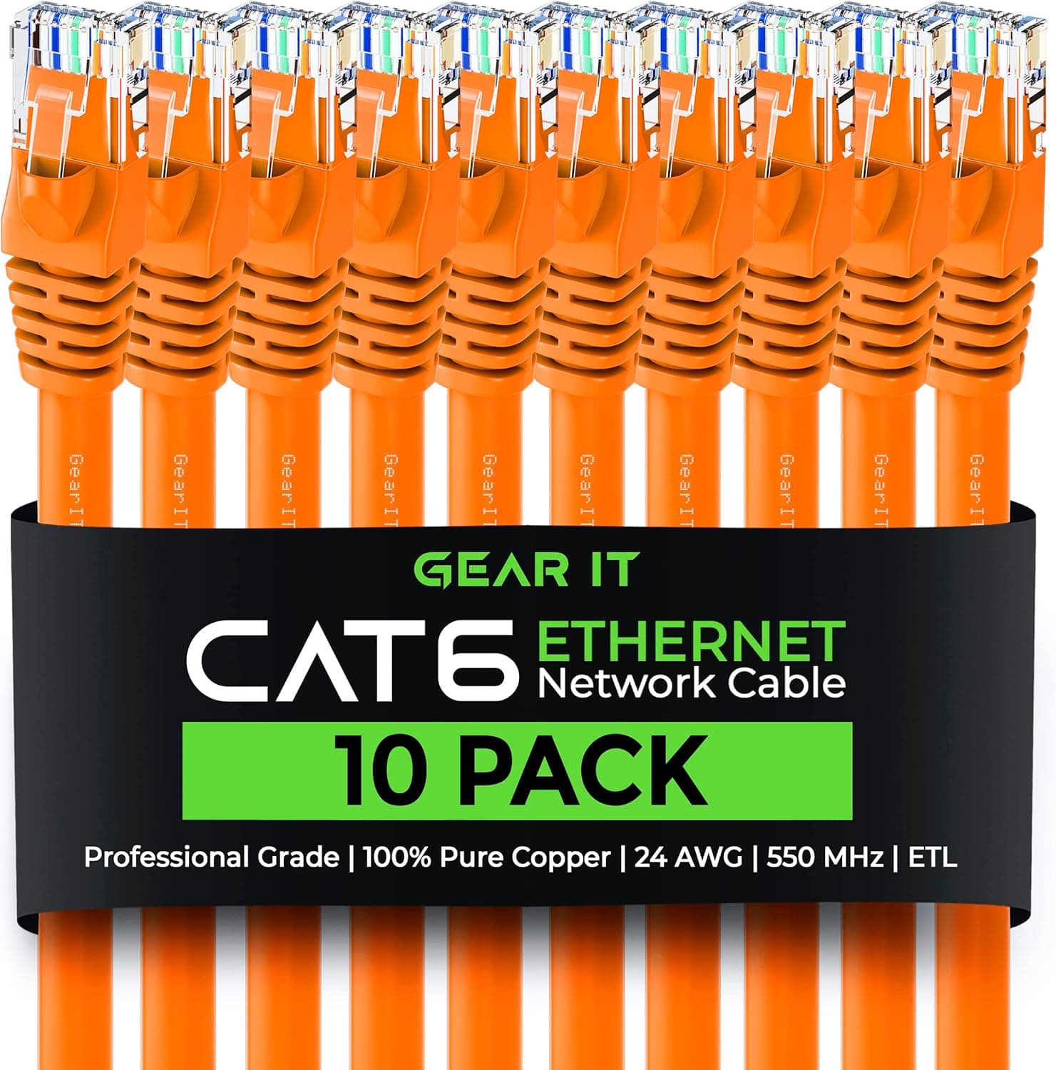 GearIT 10 Pack, Cat 6 Ethernet Cable Cat6 Snagless Patch 1.5 Feet - Computer LAN Network Cord, Orange - Compatible with 10 Port Switch POE 10port Gigabit
