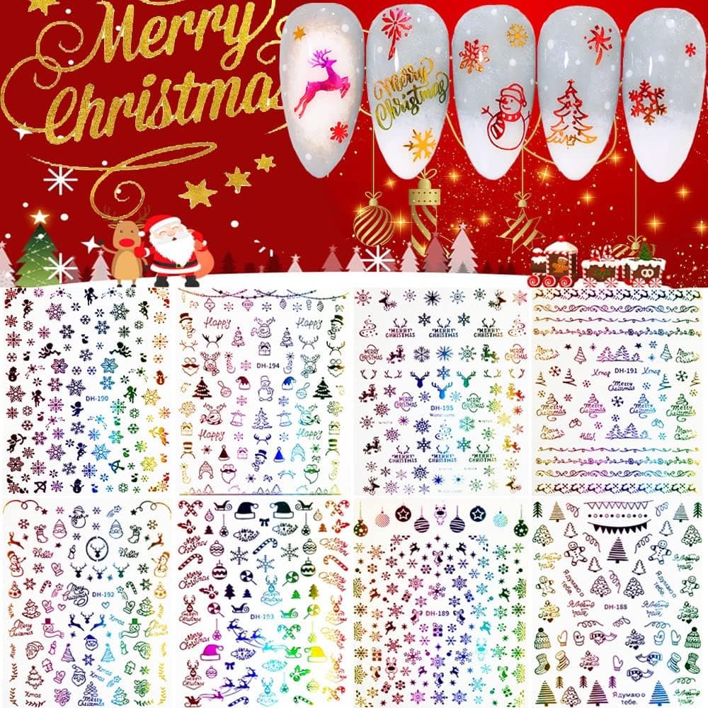 Christmas Nail Stickers, 3D Holographic Christmas Nail Decals Colourful Snowflakes Santa Claus Reindeer Snowmen Angel Xmas Tree Self-Adhesive Metallic Gradient Winter Nail Art Stickers for Women Kids (8 Sheets)