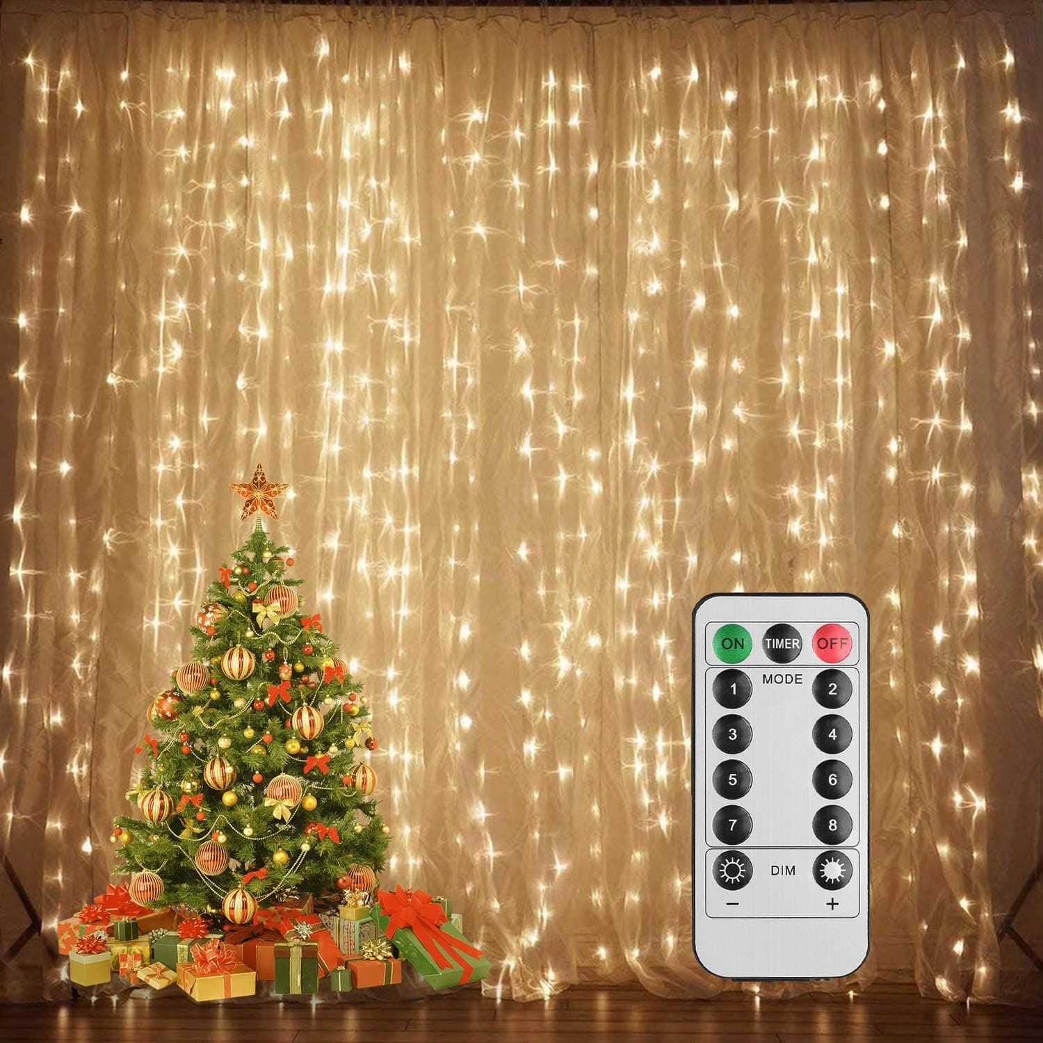 Beinhome 300 LEDs Remote Control Curtain Lights Waterproof Window Curtain String Lights Copper Wired for Home Bedroom Decoration, Wedding, Party(9.8x9.8FT)