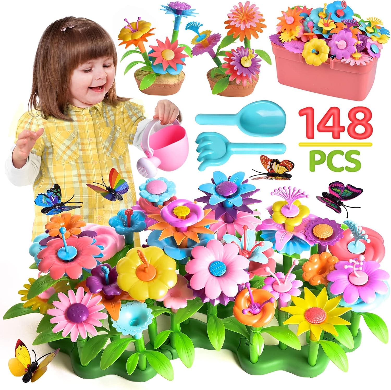 FUN LITTLE TOYS 148PCS Flower Garden Building Toys, Gardening Pretend Play Set, Educational Preschool Activity Kit Stem Toys Stacking Game for Girls Boys, Birthday Gift for Toddlers Age 3 4 5 6 7