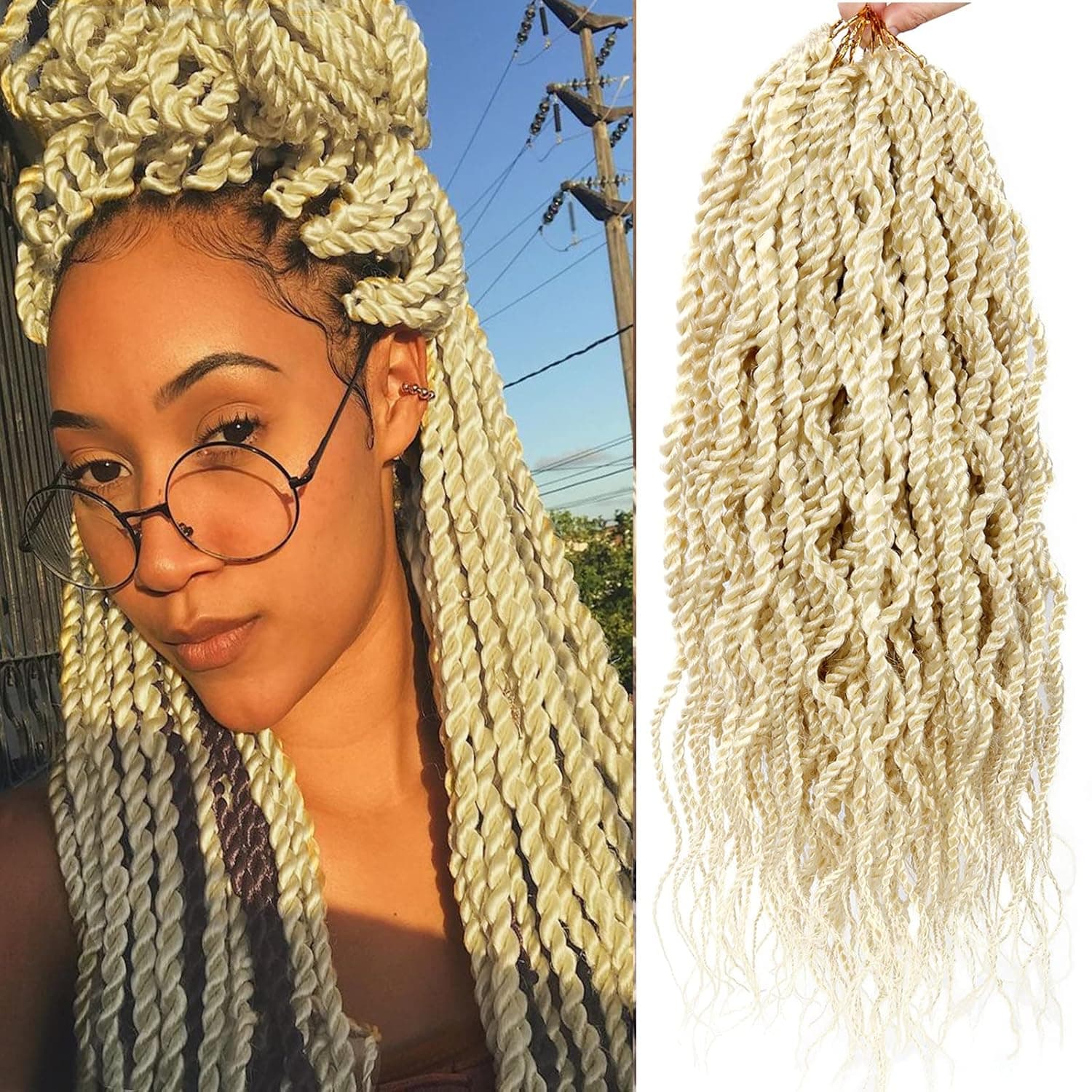 18Inch Blonde Wavy Senegalese Twist Crochet Hair Braids Wavy Ends Synthetic Hair Extension Kanekalon Curly Crochet Twist Braiding Hair (8Packs,#613)