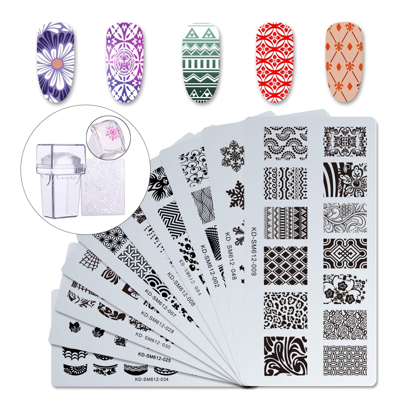 Makartt 12pcs Nail Art Stamp Stamping Templates Kit with 10pcs Plastic Manicure Plates 1 Stamper 1 Scraper for DIY & Salon Nail Art, S-01
