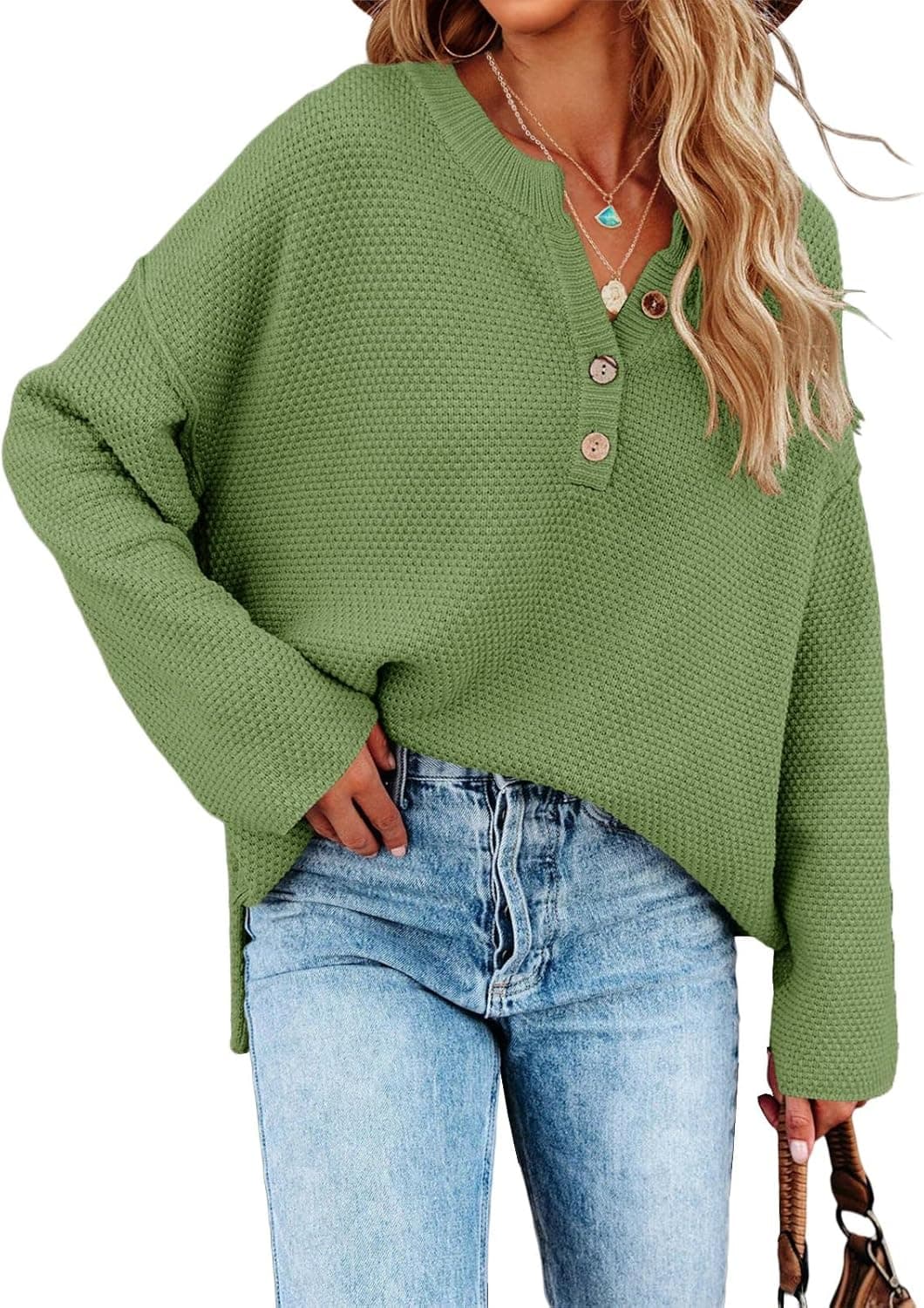 Saodimallsu Women's Oversized Sweaters Batwing Long Sleeve Loose V Neck Button Henley Tops Pullover Knit Jumper