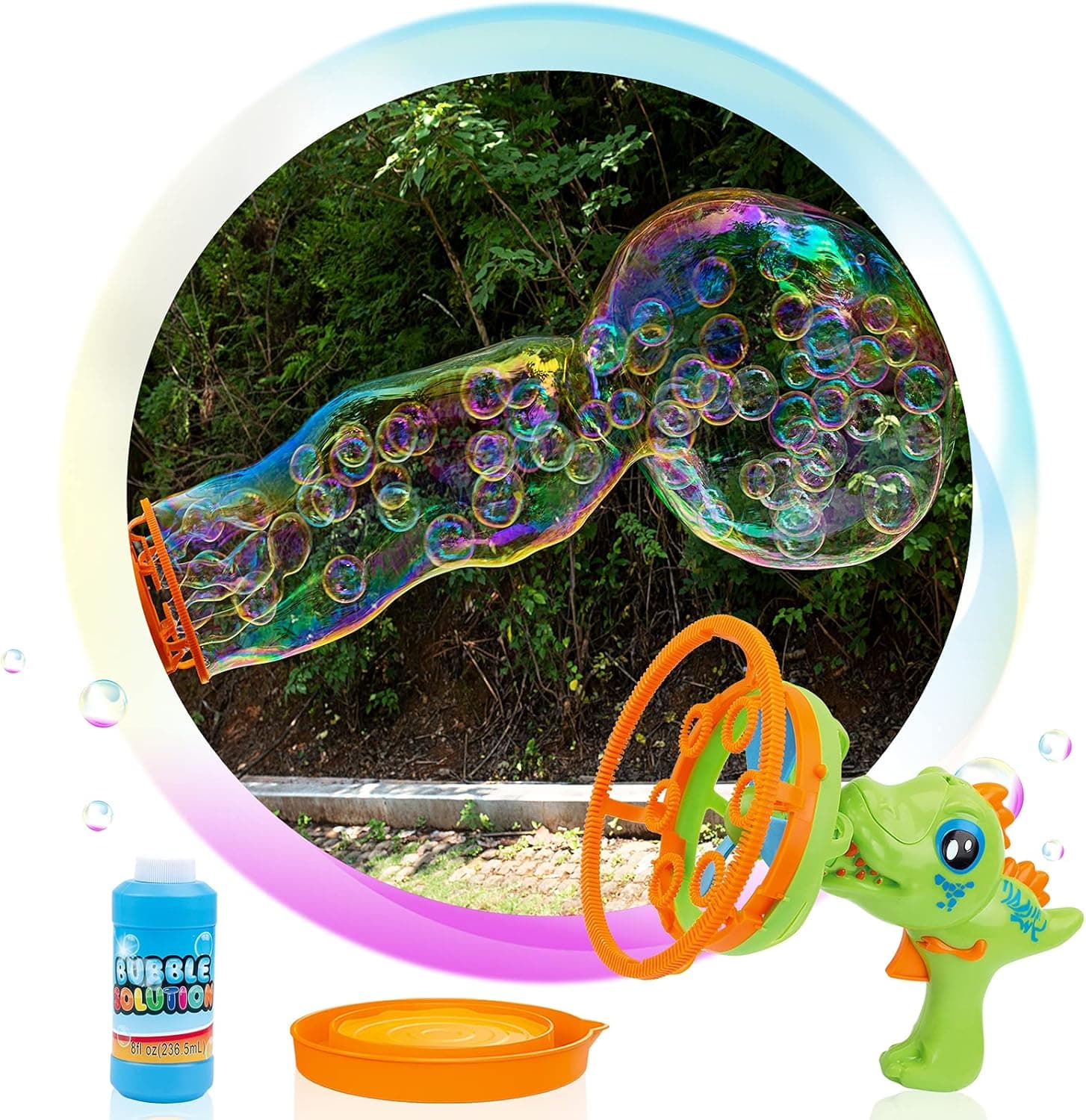 3 in 1 Dinosaur Bubble Gun, Bubble Machine for Kids, Children's Outdoor Bubble Toys, Small Bubbles, Big Bubbles or Bubbles in Bubbles, with 8 oz of Bubble Liquid, Suitable for Adults and Children