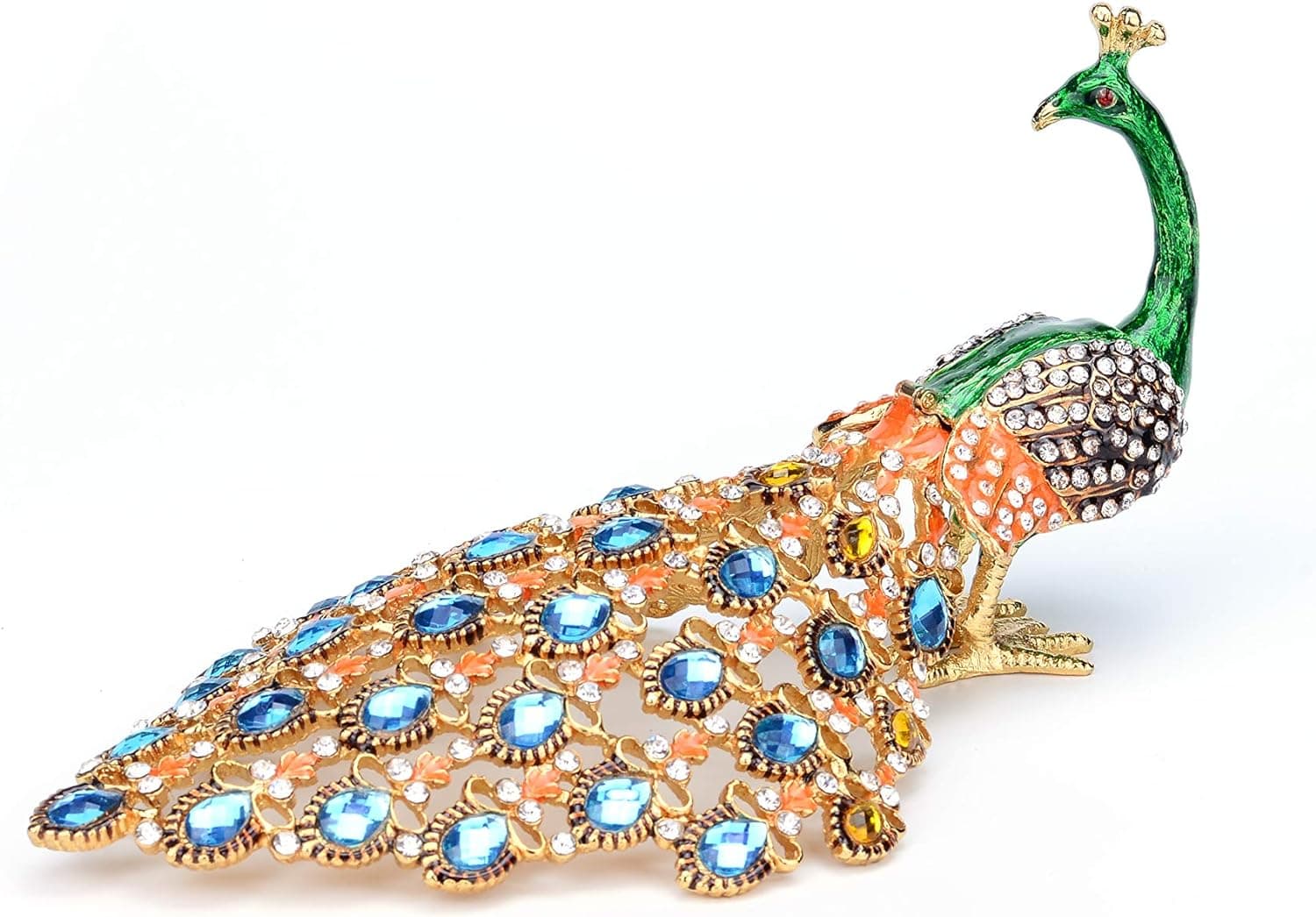 Furuida Trinket Box with Hinged Green Peacock Crystal Ornament Decorative Hinged Jewelry Box Ring Store Luxurious Gift for Home Decor