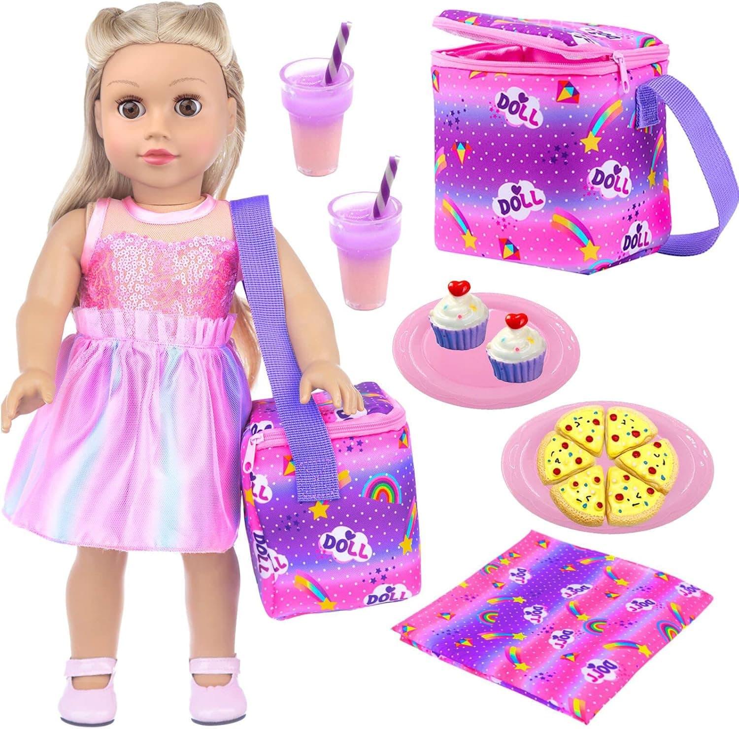 Ecore Fun 18 Girl Doll Accessories Doll Food Picnic Playset 14 Pieces Include Cooler, Picnic Blanket, Drink, Cupcake and Pizza Food for 18 inch Dolls