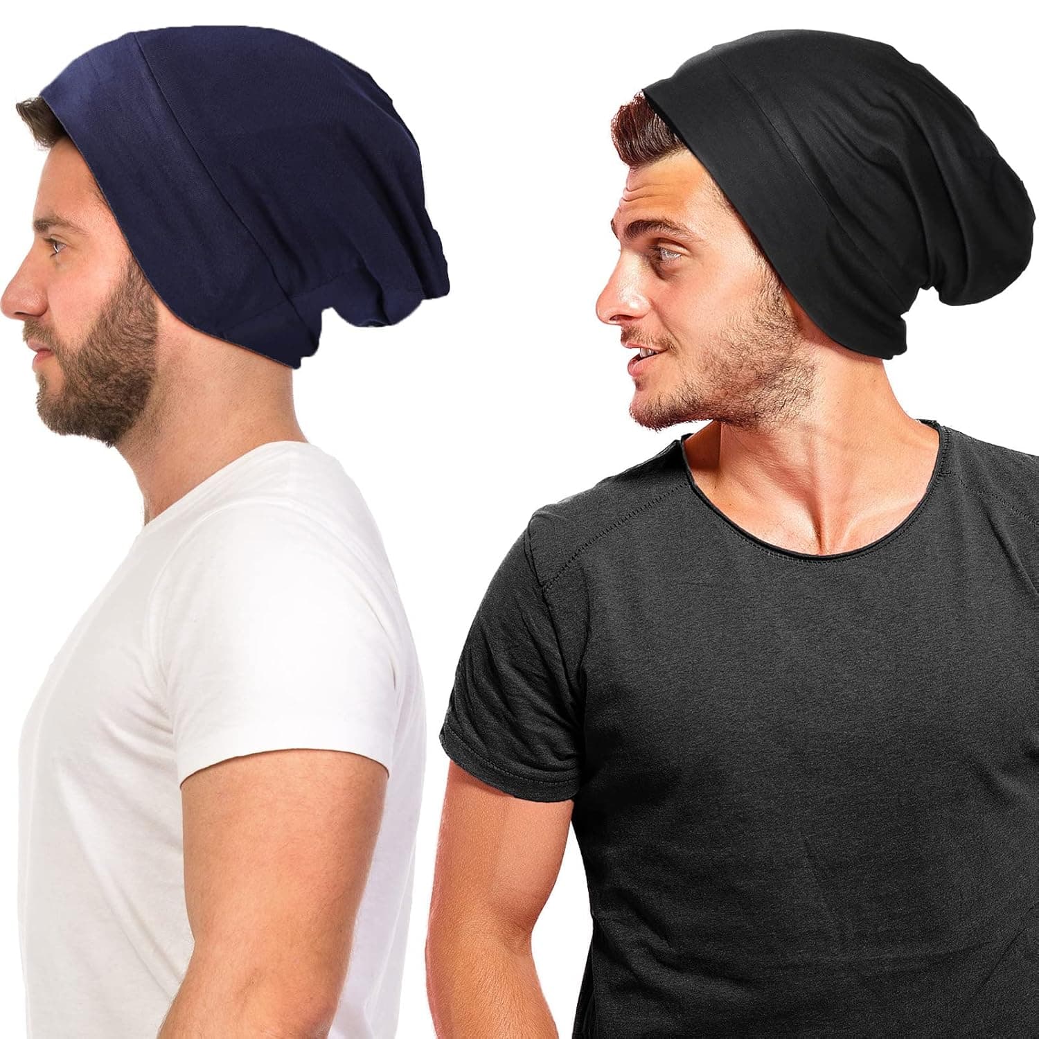 2 Pieces Silk Satin Bonnet for Mens with Natural Curly Wave Hair (Black, Navy Blue)