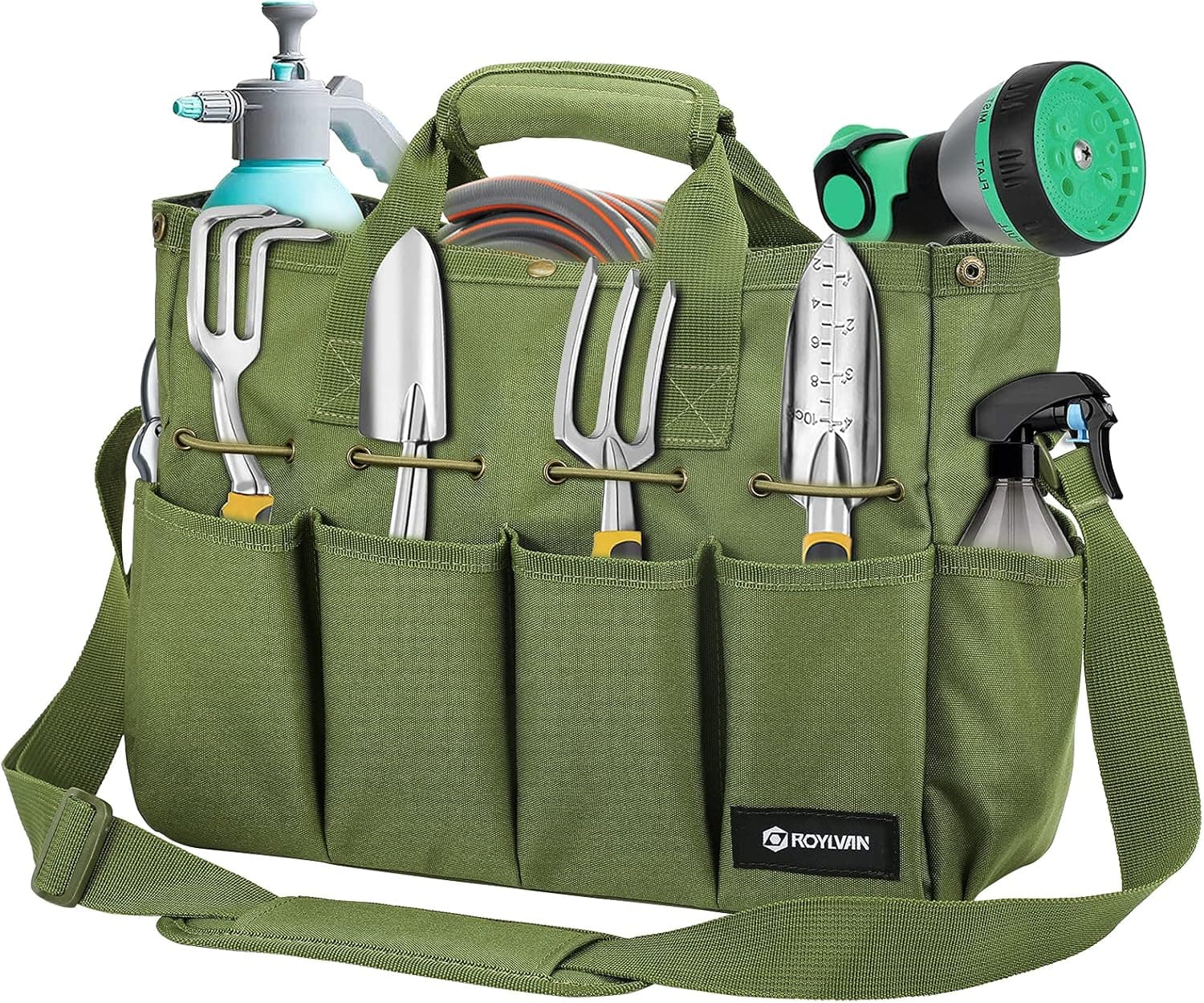 Roylvan Garden Tool Bag, Gardening Tote Bag with Multi-pockets, Long Adjustable Strap Electrician Tool Bags for Men Women, Wear-Resistant Multi-Purpose Tool Bag Organizer, 14-Inch, Dark Green