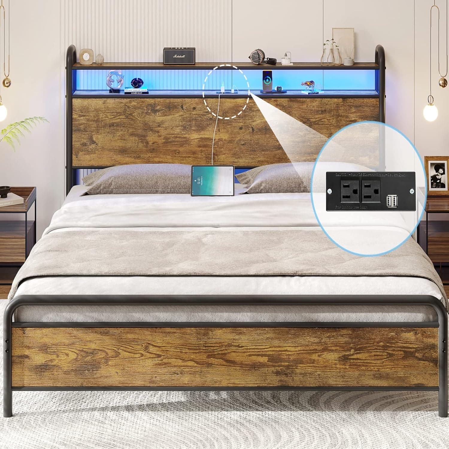 DICTAC Queen Bed Frame with LED Lights,2-Tier Storage Headboard with Charging Station,Industrial Metal Platform LED Bed Frame with Outlets and USB Ports,Noise Free,No Box Spring Needed,Rustic Brown