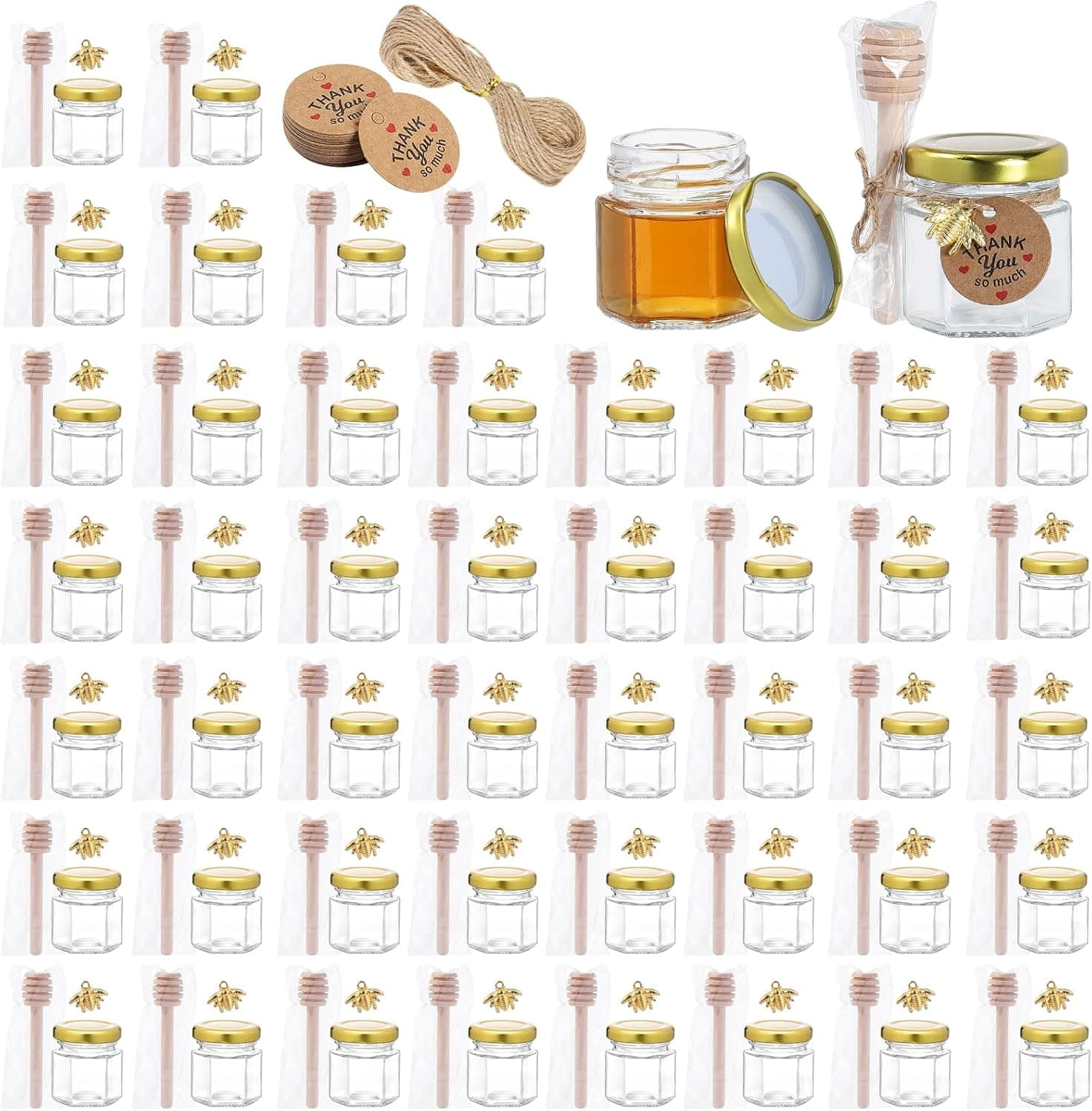 XING-RUIYANG Mini Honey Jars- with Wooden Dipper, 1.5 oz Hexagon Glass Mason Jars with Golden Lids, Gold Bee Pendants, Decorative Jute for Wedding, small hang tags-Baby Shower, Party Favors (48)