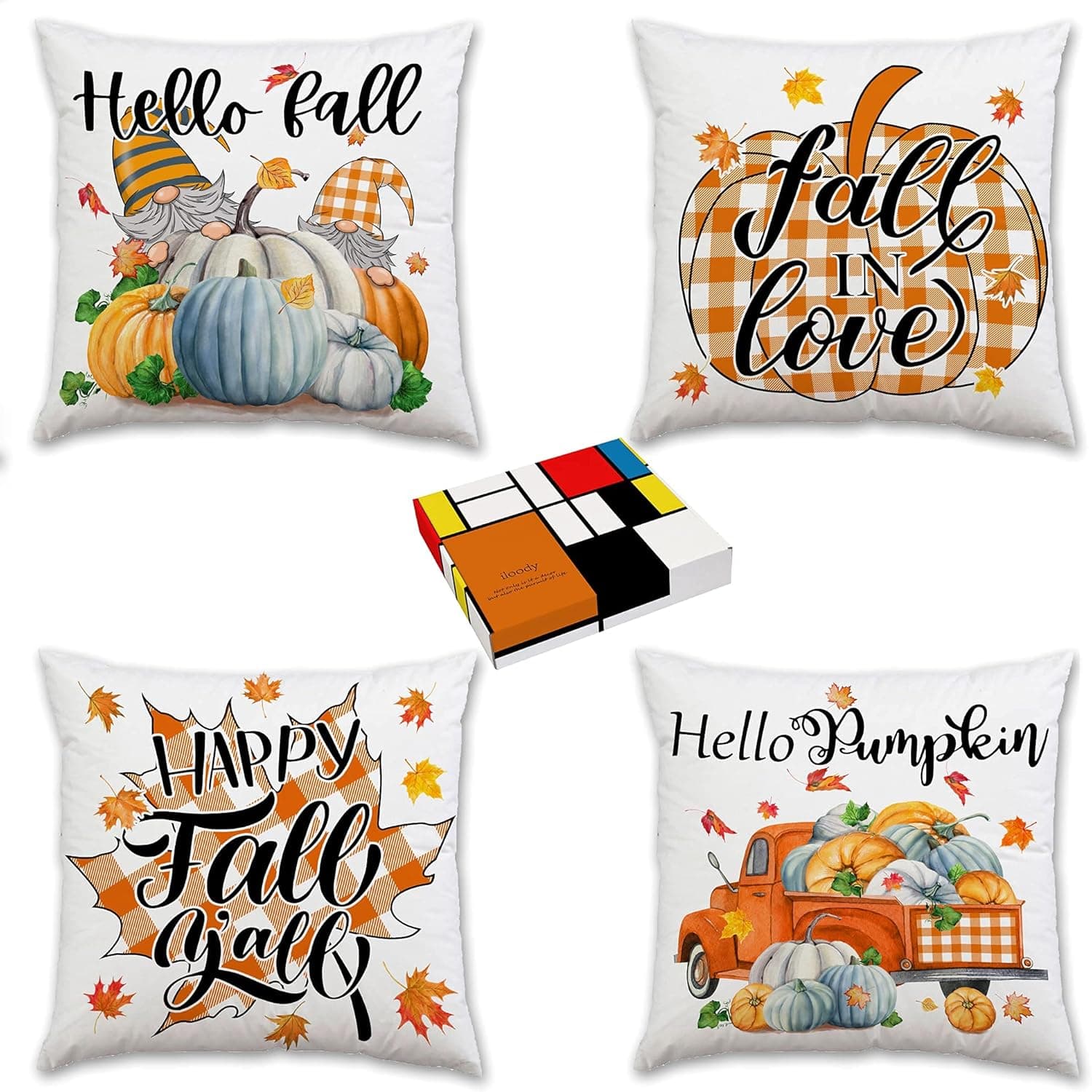 iloody Fall Pillow Covers 18x18 Inch, Farmhouse Decor Buffalo Check Pumpkins Gnomes Truck Autumn Throw Pillow Cases Set of 4 Fall Decor for Home Soft Material
