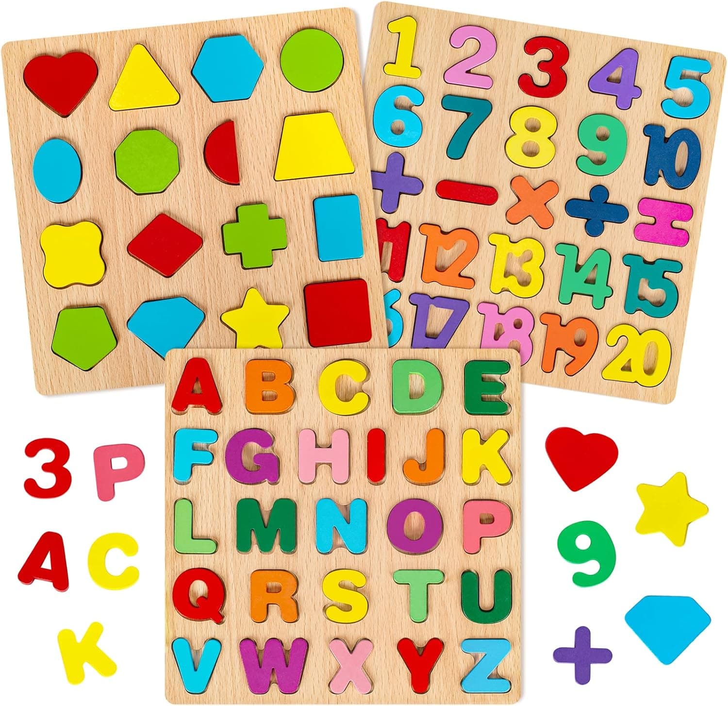 Wooden Puzzles for Toddlers 1 2 3 4 5 Year Old, Alphabet Puzzle Number Puzzle Shape ABC Puzzle, 3 in 1 Preschool Educational Learning Toys with Puzzle Board for Girls Boys Set of 3