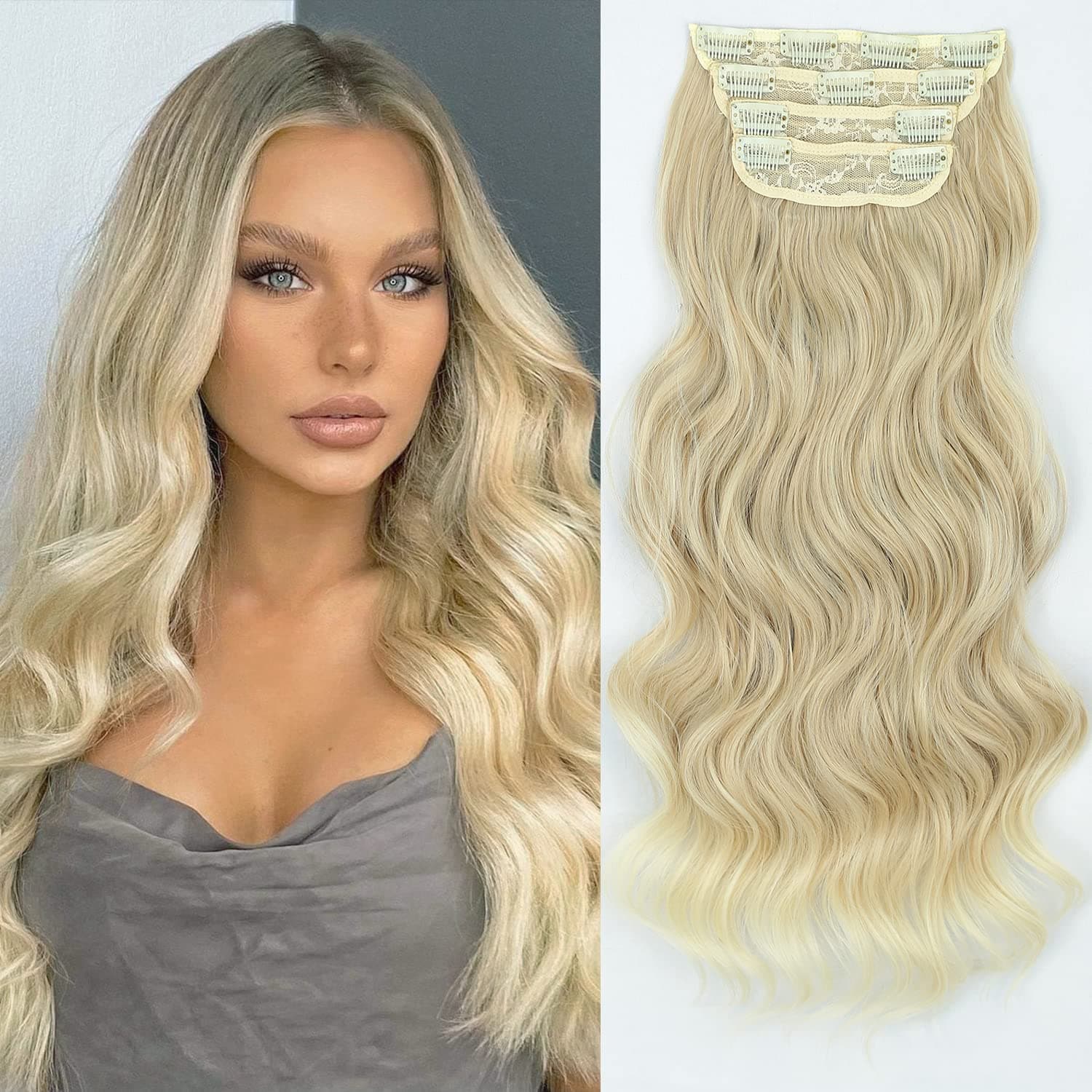 Stamped Glorious Clip in Hair Extensions Long Wavy Hair Extensions for Women 4pcs Long Hairpieces Synthetic Invisible Hair Extensions (20, Honey Blonde Mix Bleach Blonde)