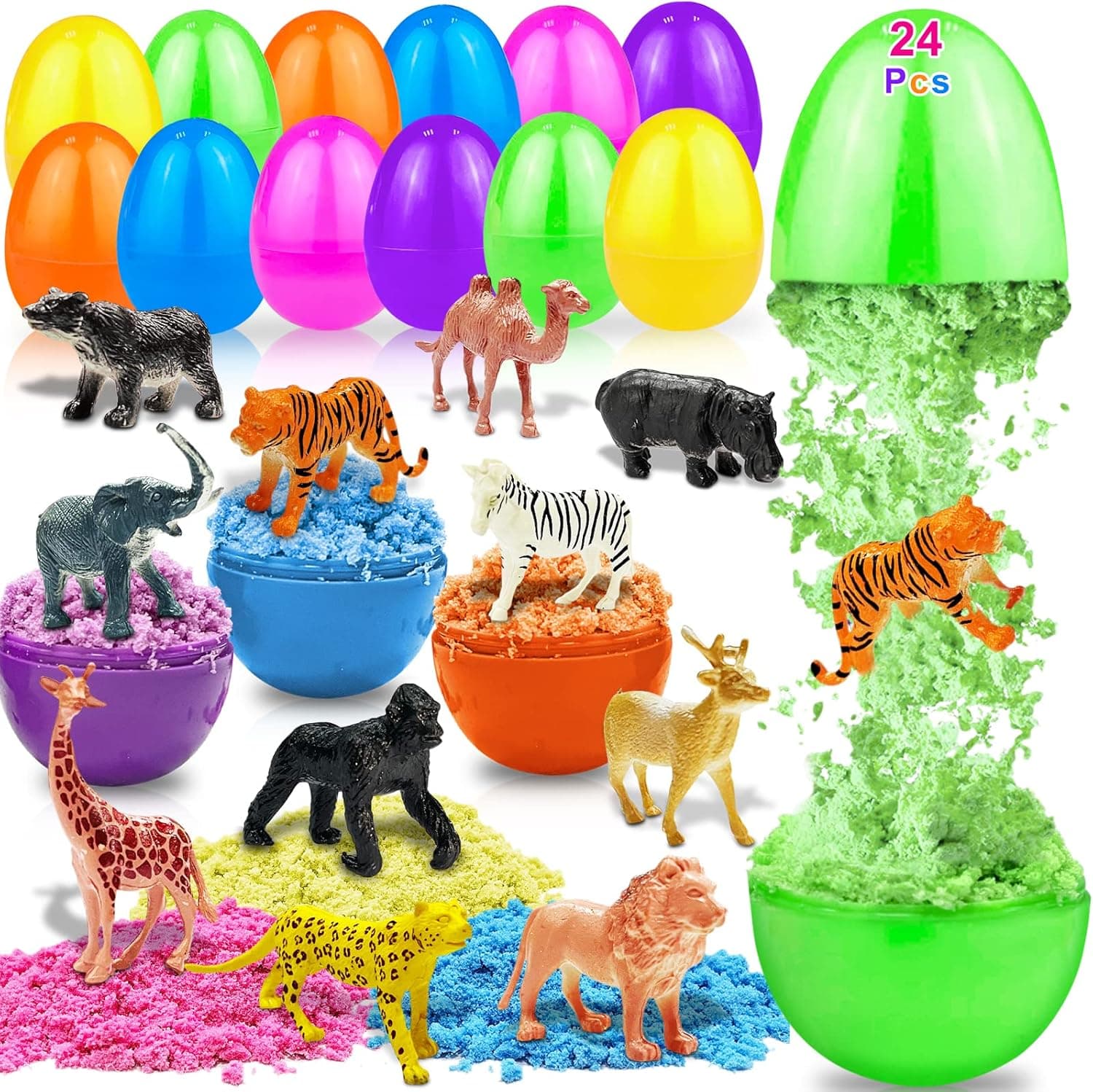 AMENON 12 Pack Easter Eggs Filled Fidget Toys Velvet Play Sand Plus Wild Animal Figures,6 Colors Magic Sand Stress Relief Toys Kids Boys Girl Easter Basket Stuffers Filler Surprise Easter Eggs Hunt