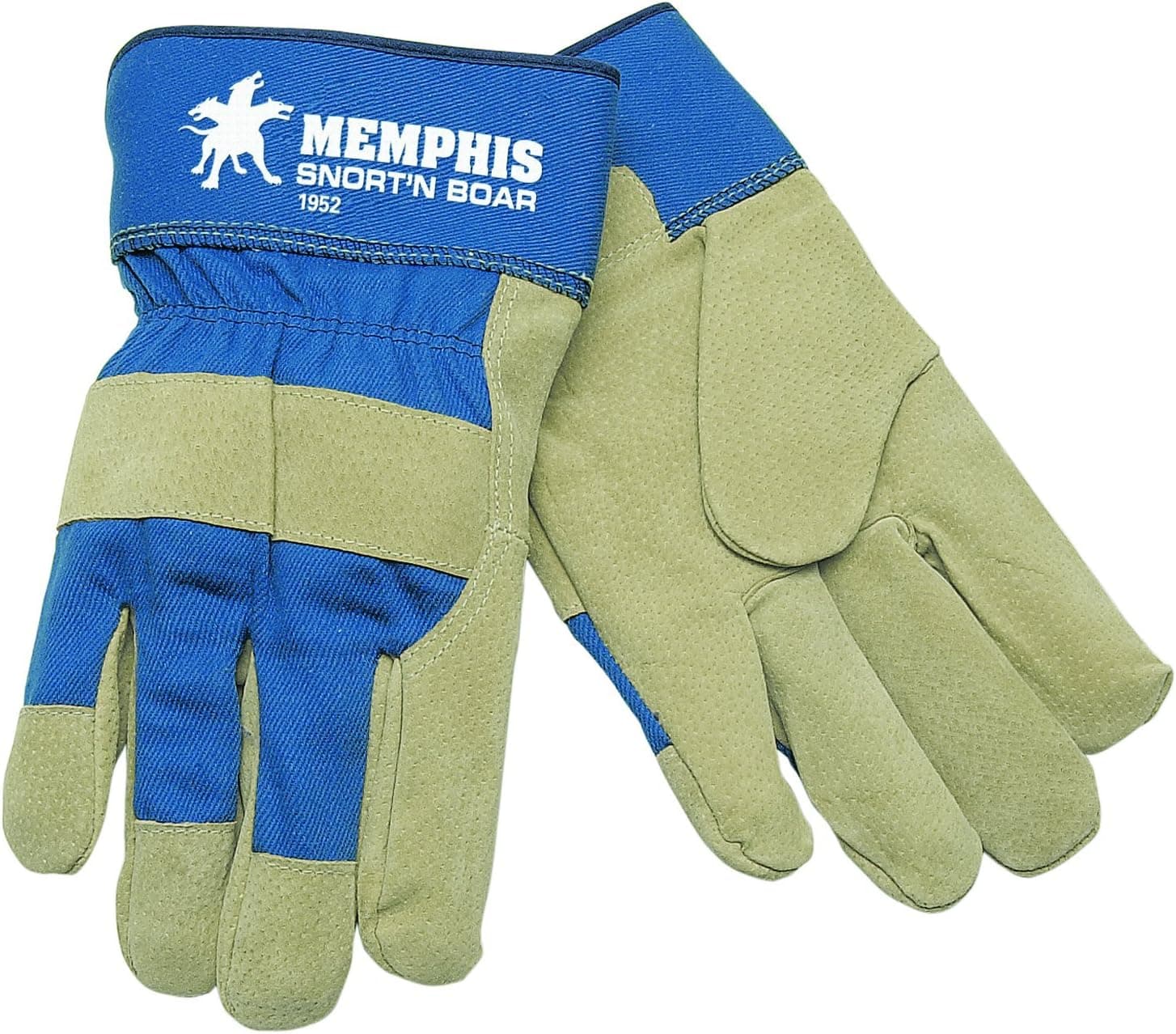 MCR Safety 1952L Snort-N-Boar Split Pigskin Leather Palm Premium Gloves with 2 1/2-Inch Rubberized Cuffs, Blue/Tan, Large, 1-Pair