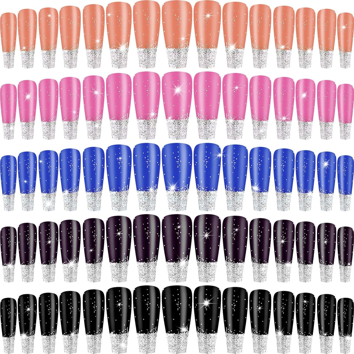 120 Pieces 5 Sets Extra Long Full Cover Coffin Press on Nails Matte False Nails Colorful Ballerina False Nails Artificial Nails Fake Nails for Women Girls Nail (Glitter Pattern)