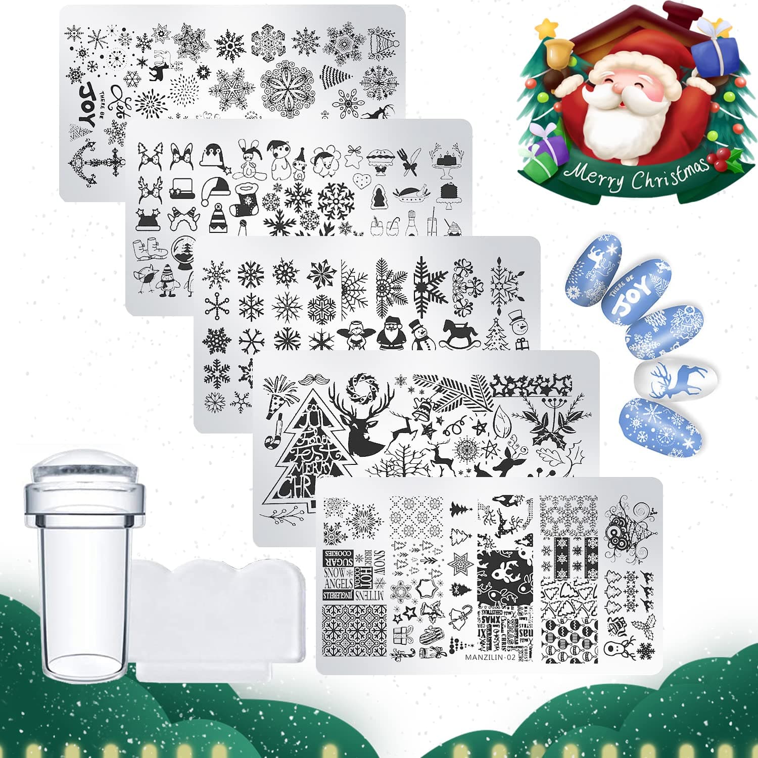 A-M Christmas Nail Stamp Plate Set 5 Pcs Nail Stamping Plates + 1 Stamper + 1 Scraper Snowflake Christmas Tree Elk Santa Claus Socks Nail Plate Template for Women Xmas DIY Nail Art Decoration