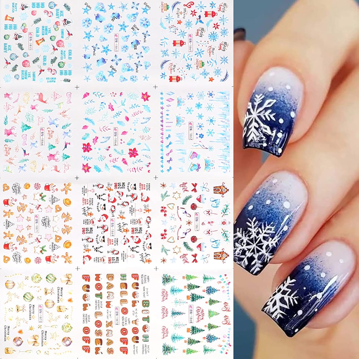 12 Sheets Winter Christmas Nail Art Stickers Water Transfer Nail Supplies Snowflake Snowman Santa Claus Bell Elk Tree Slider Design Nail Decals for Women Manicure Acrylic Nails Decorations Accessories