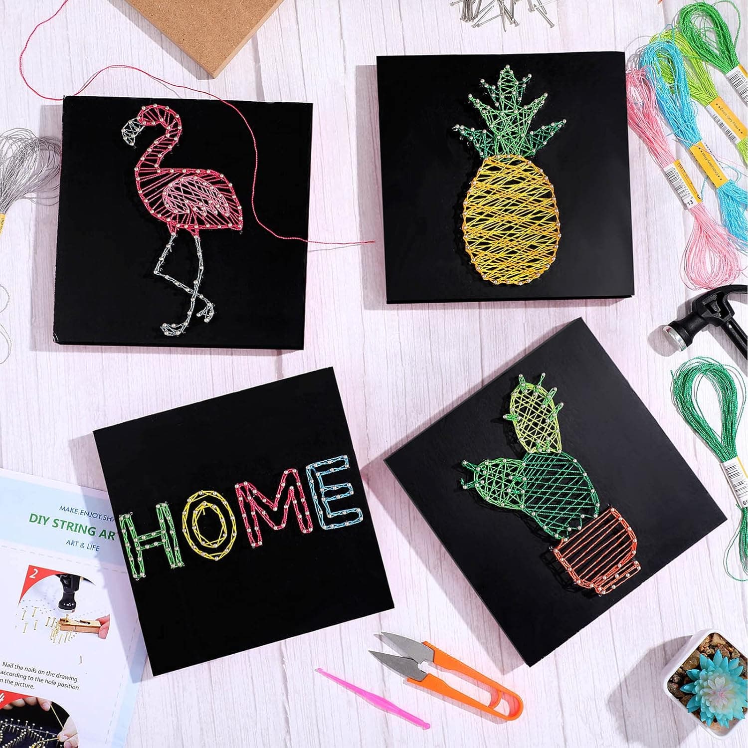 Jetec 4 Pieces DIY String Craft Kit, Pineapple Cactus String Craft Art Kit with Accessories and Wood Frame Home Wall Decorations Special Present for Adults, Teens Crafts