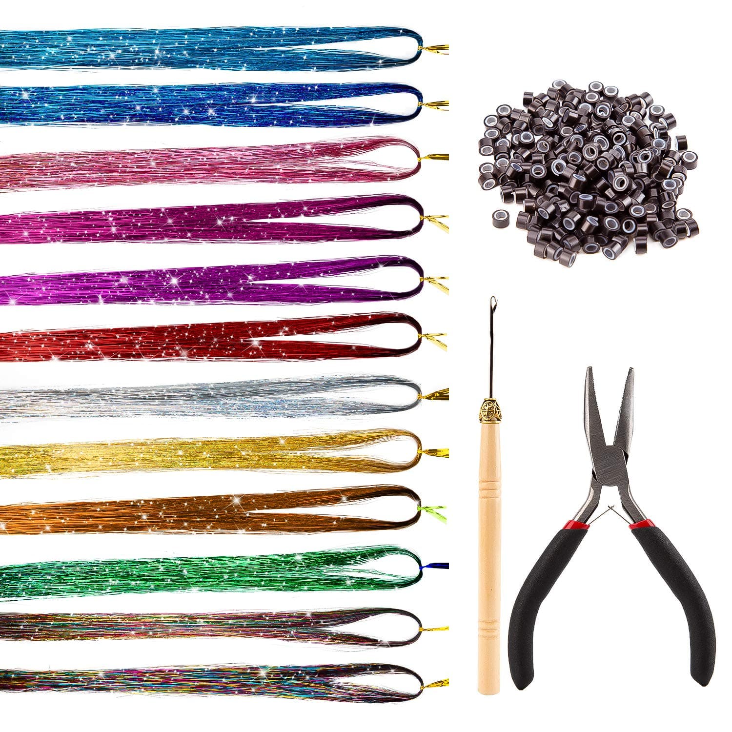 AIEX 12 Colors 2400 Strands Hair Tinsel Strands Kit with Tools Hairpieces for Women Girls Kids Hair Extensions Clip Party Supplies(39”)