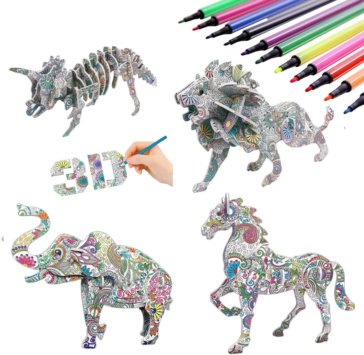 3D Coloring Puzzle Set for Kids, 4 Animals Painting Puzzles with 12 Pen Markers,DIY Arts and Crafts Painting 3D Puzzle for Girls and Boy