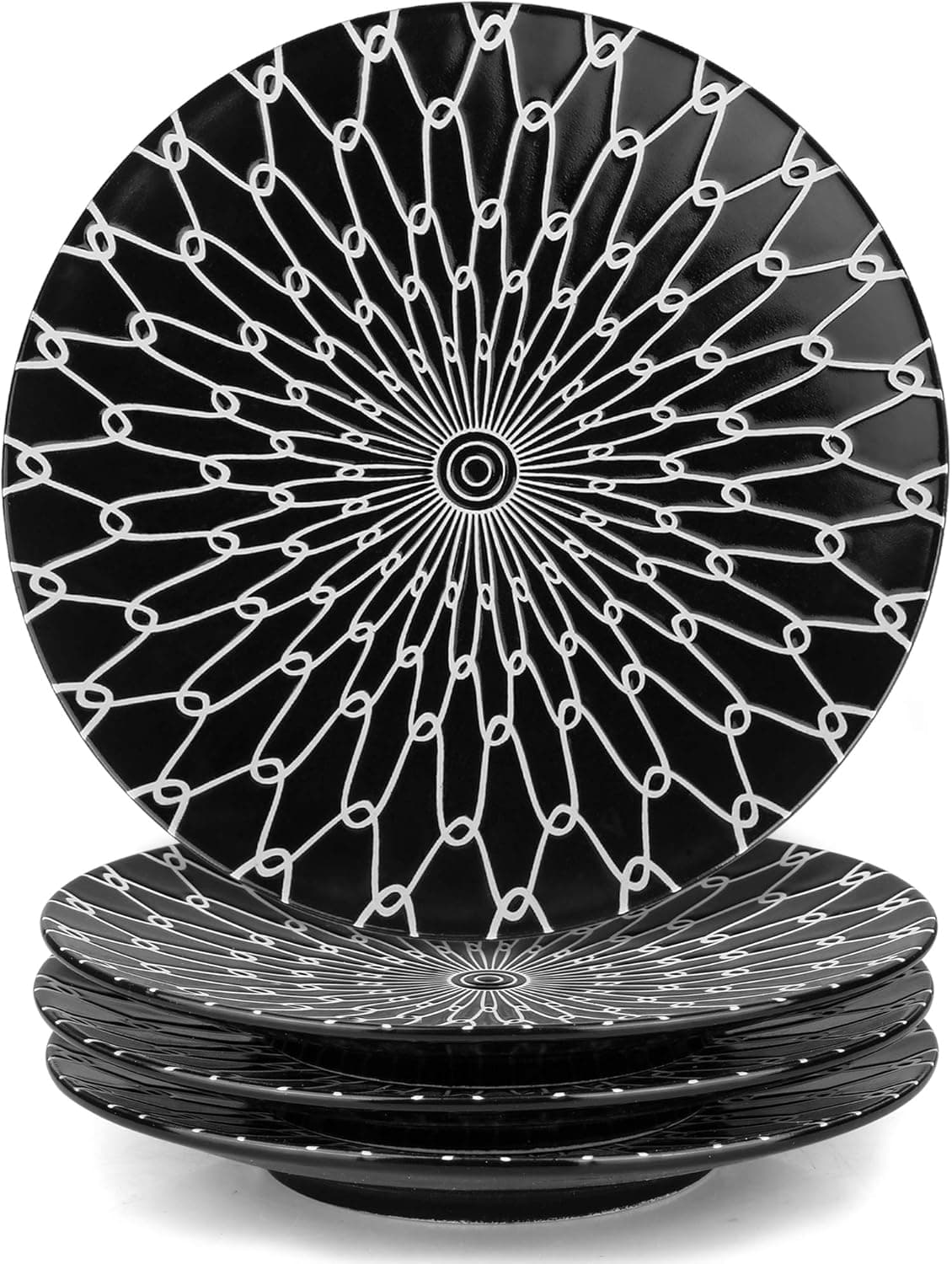 MARSTRACE 8.25 Inch Ceramic Desserts Plates,Black and White Plates Porcelain Salad Plates with Stripe Texture for Sandwiches Dinner Pasta,Set of 4,Microwave Dishwasher Safe