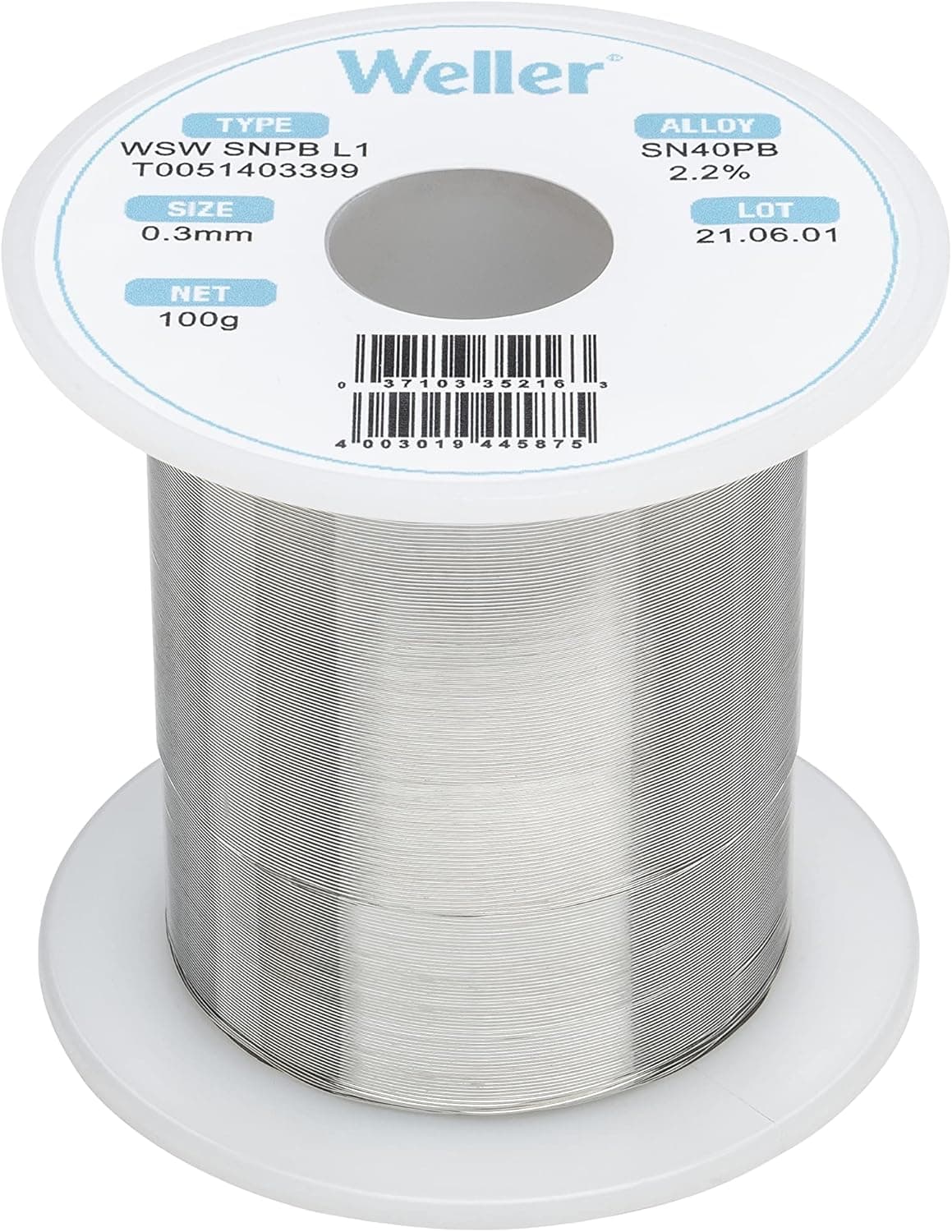 Weller WSW SnPb (T0051403399) Solder Wire, Dia: 0.3 mm / 0.012 in, Wt: 100 g / 3.527 oz, Alloy Sn60Pb40, Flux content 2.2%