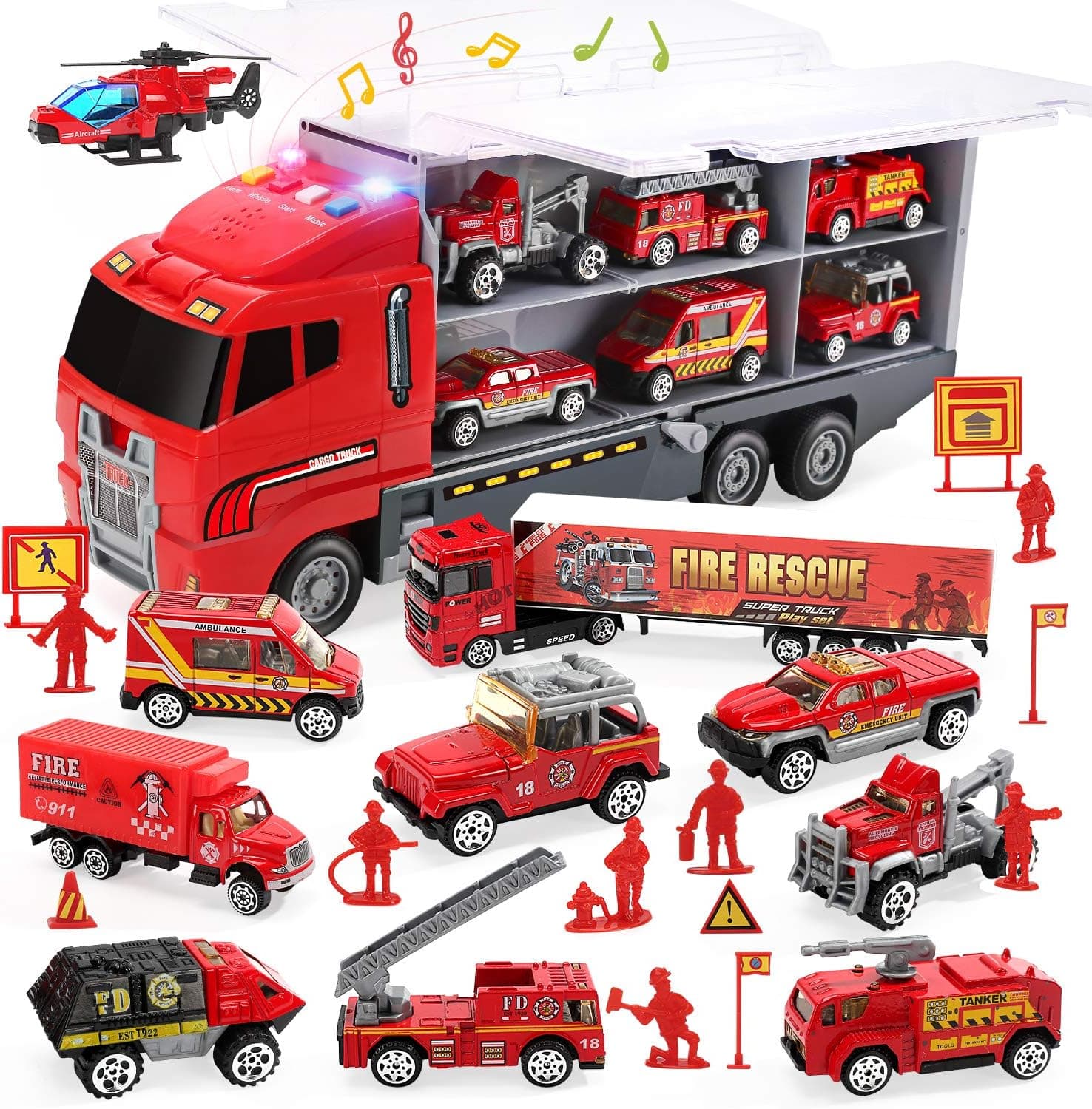 CUTE STONE 28 in 1 Fire Trucks with Sound and Light, Friction Powered Cars with 10 Mini Firetrucks, Rescue Emergency Double Side Carrier Truck Set Birthday Gift for Boys, Girls, Toddlers Kids Age 3+