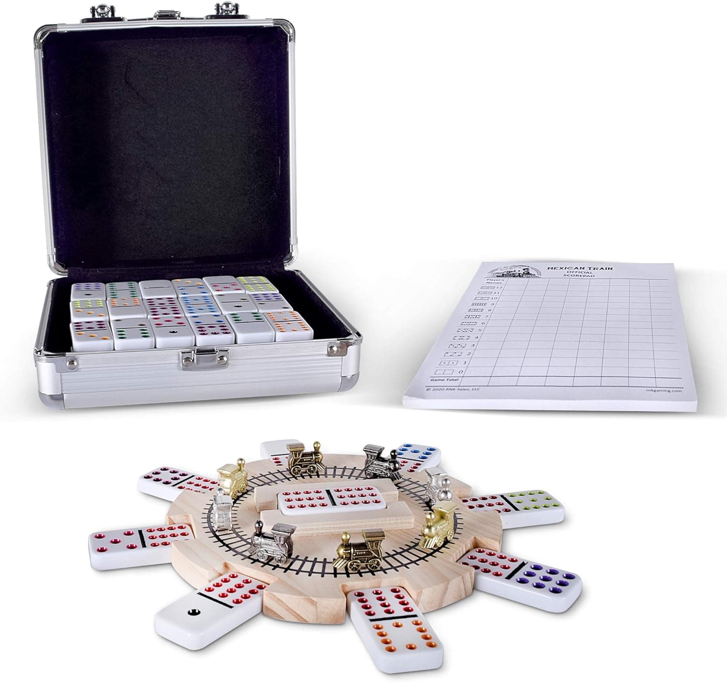 RNK Gaming Mexican Train Dominoes Set Double 12 Color Dots with Wooden Hub 8 Metal Trains and Aluminum Case