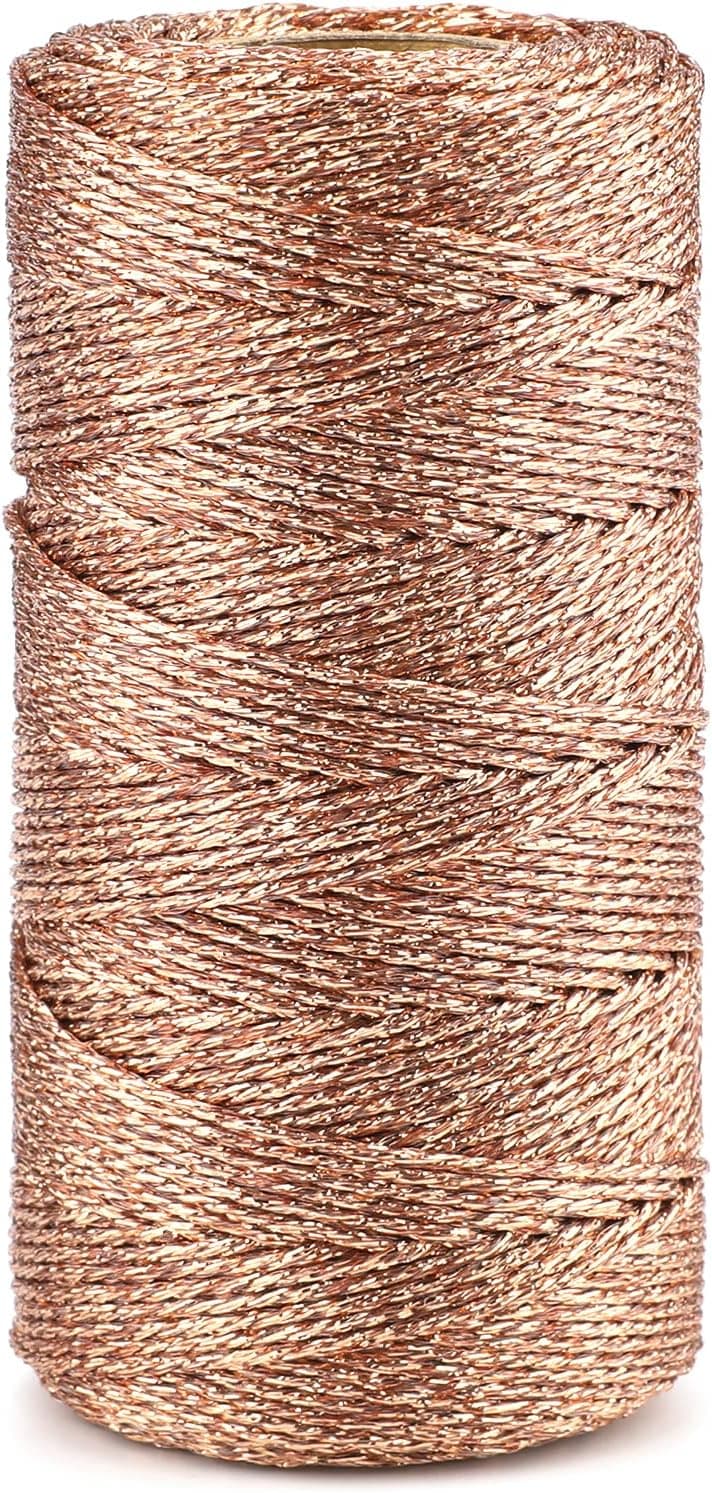 jijAcraft 110 Yards Decorative Metallic Bakers Twine,1.5mm Rose Gold Twine String Thread,Inelastic Glitter Macrame Cord for DIY Crafts,Handmade Ornaments Decor,Party Favor Gift Wrapping