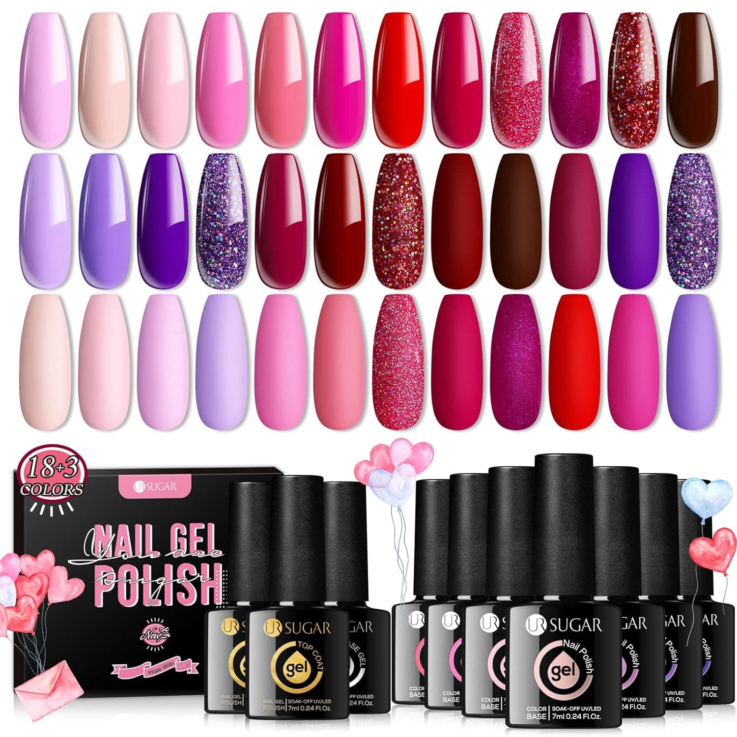 UR SUGAR Pink Red Purple Gel Nail Polish Set, 21 Pcs Nude Pink Hot Pink Red Purple Violet Gel Polish Set with Glossy & Matte Top Coat Base Gel Soak Off Gel Nail Valentine's Day Gifts for Women Girls